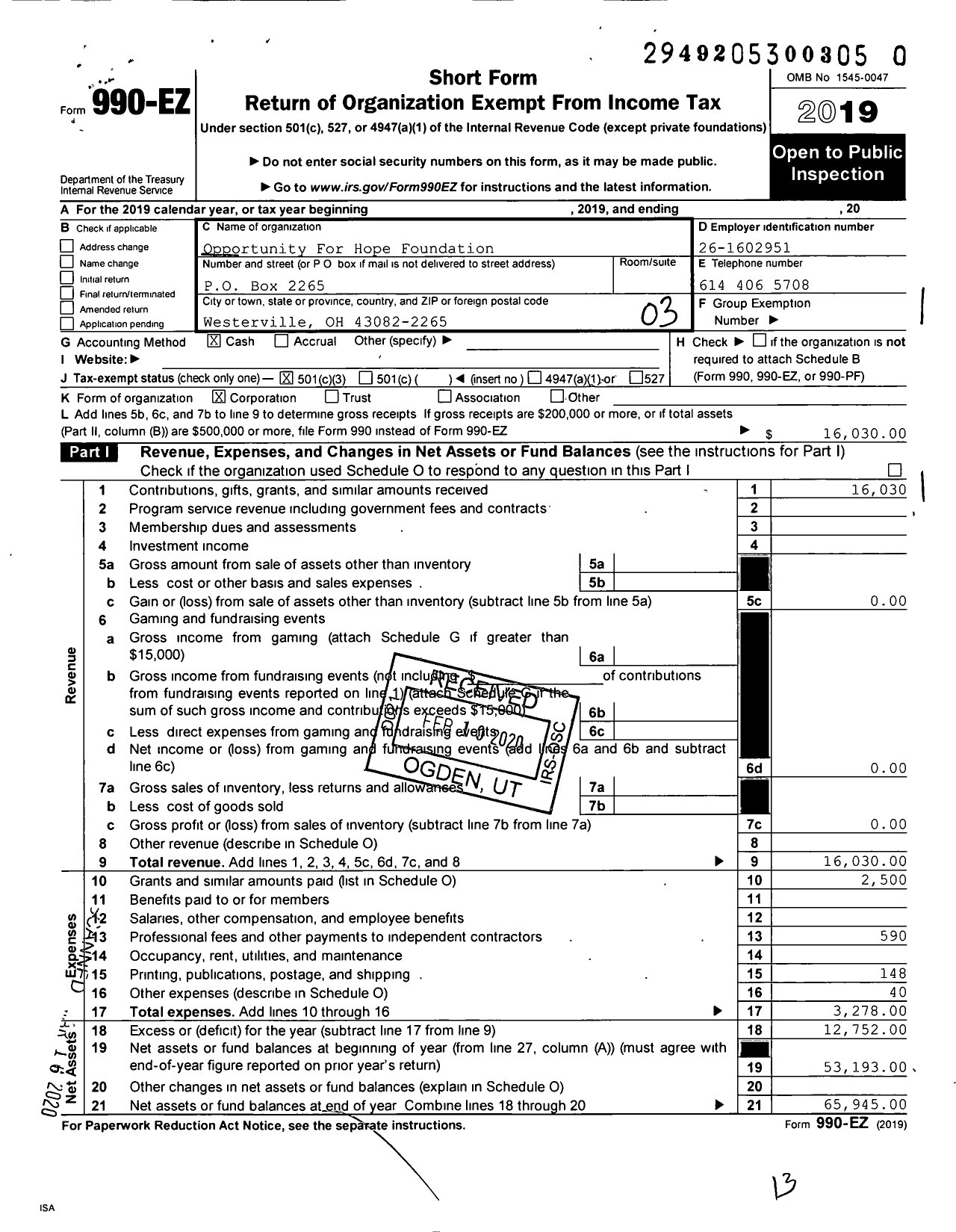 Image of first page of 2019 Form 990EZ for Opportunity for Hope Foundation