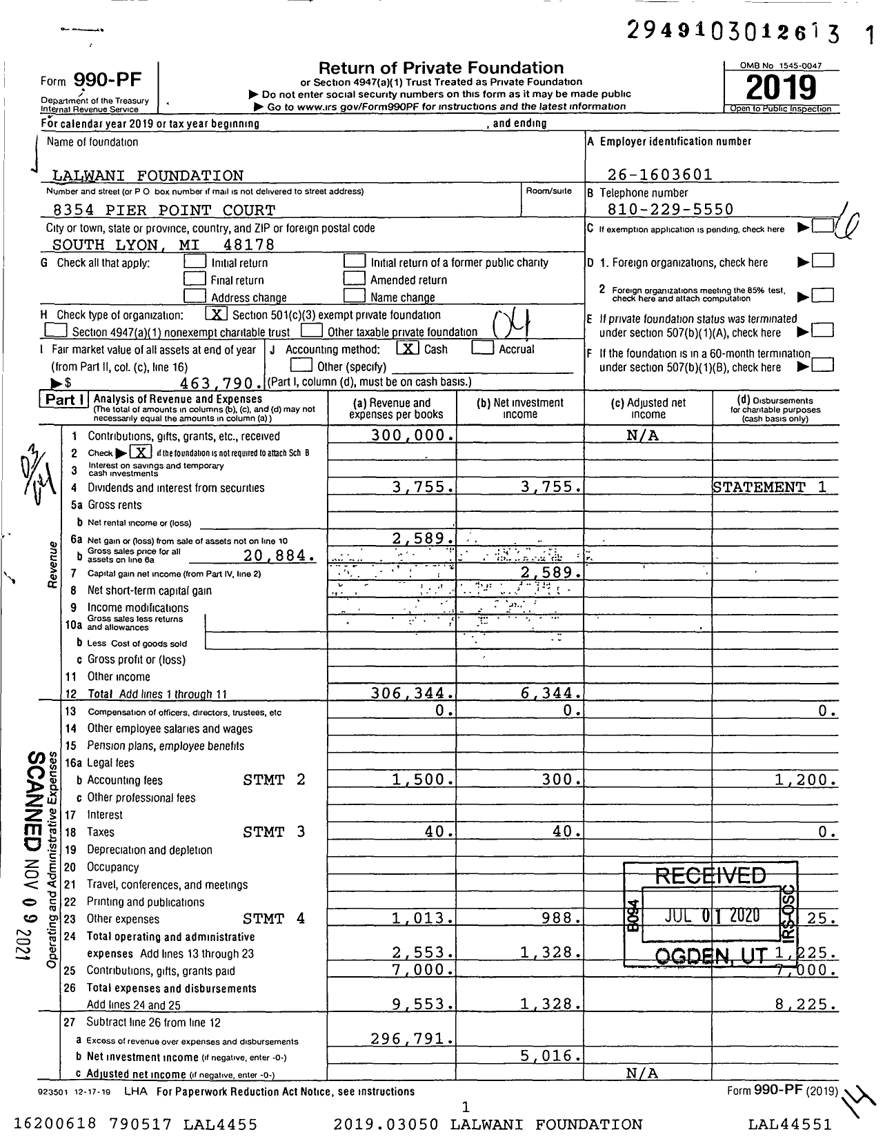 Image of first page of 2019 Form 990PF for Lalwani Foundation