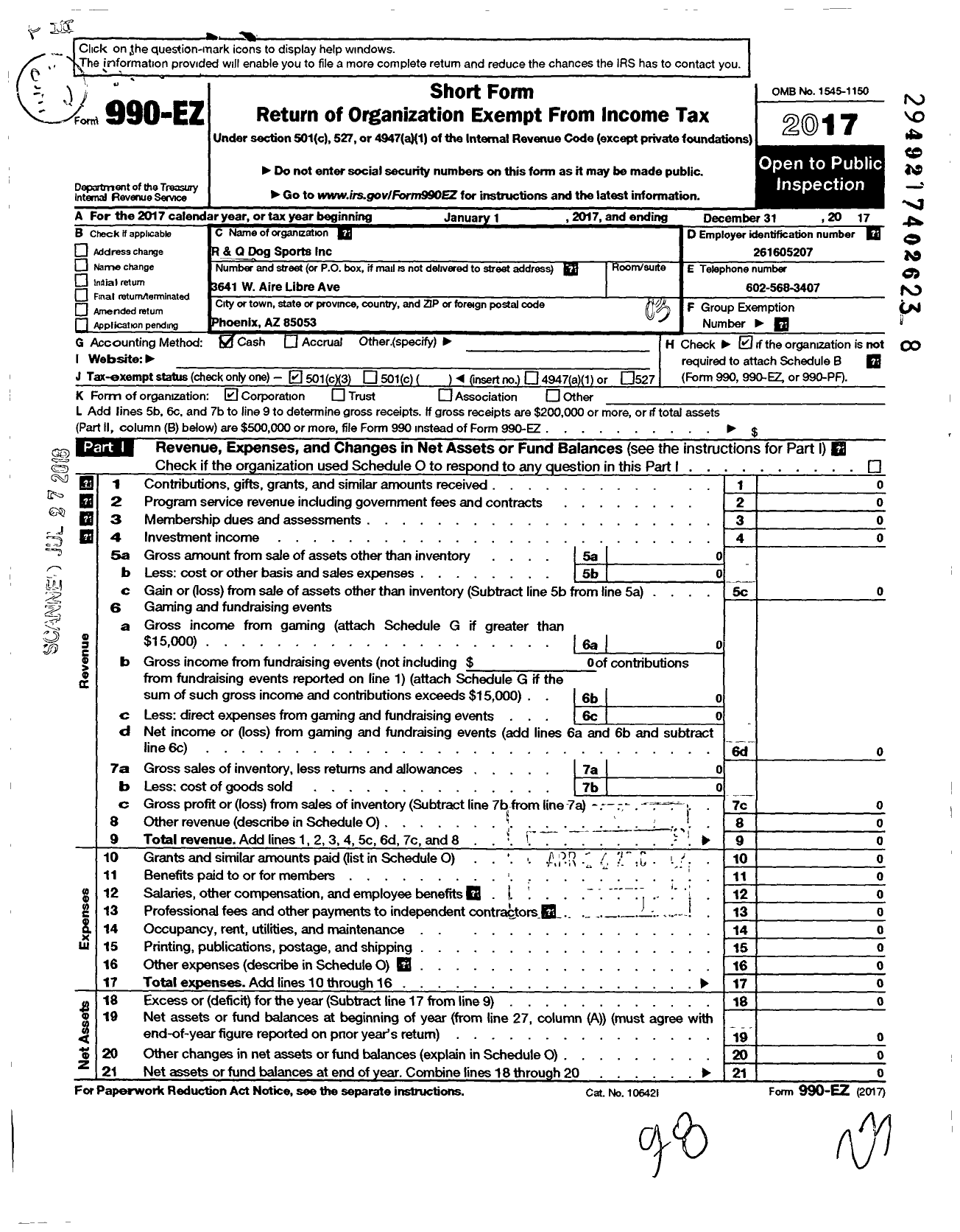 Image of first page of 2017 Form 990EZ for R and Q Dog Sports