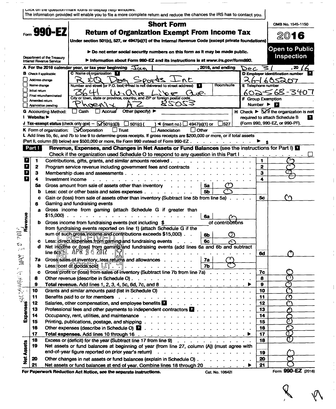 Image of first page of 2016 Form 990EZ for R and Q Dog Sports