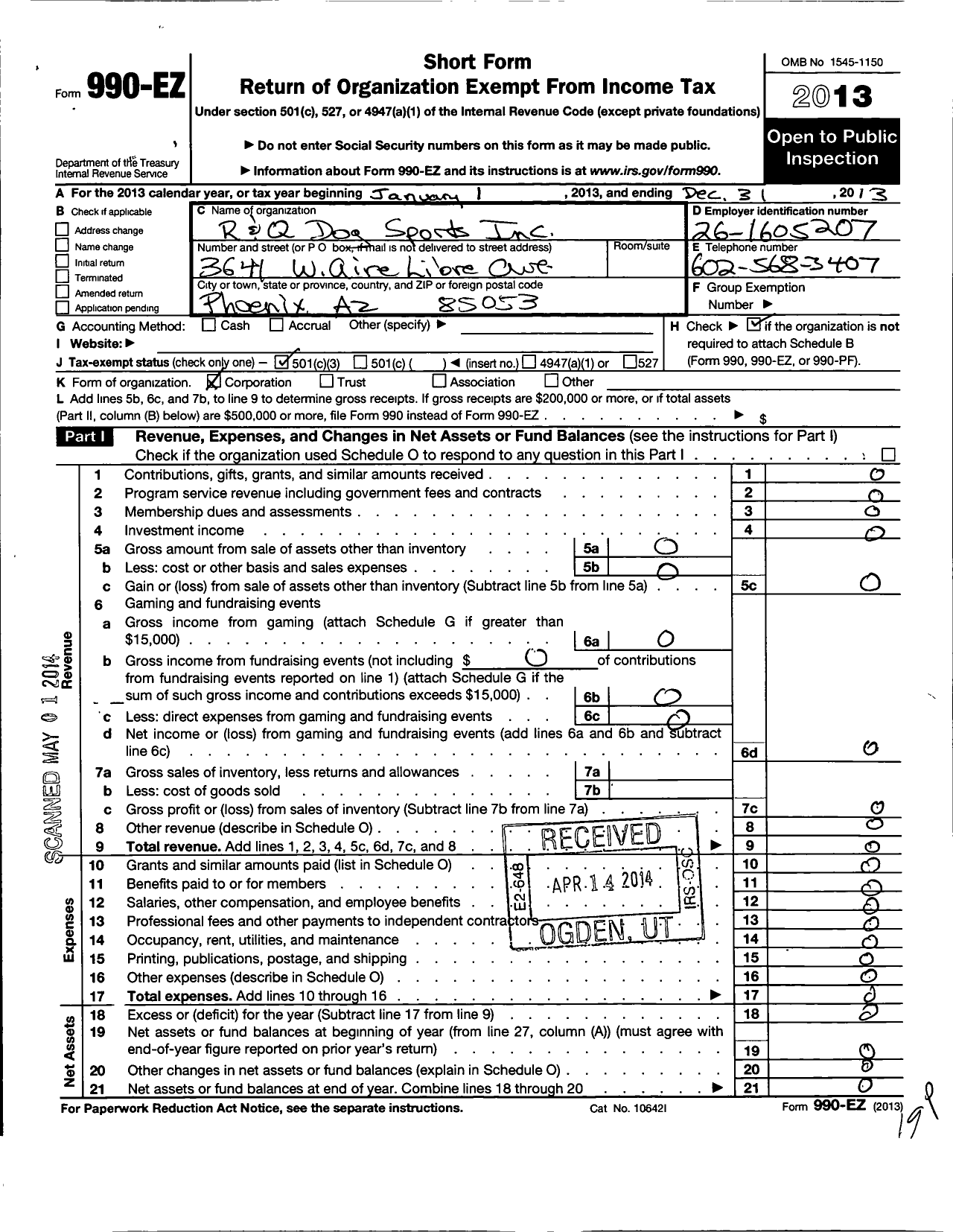 Image of first page of 2013 Form 990EZ for R and Q Dog Sports