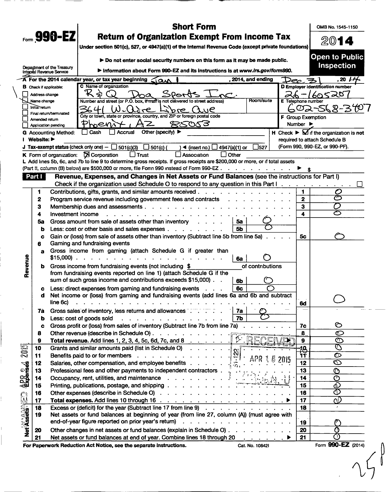 Image of first page of 2014 Form 990EO for R and Q Dog Sports