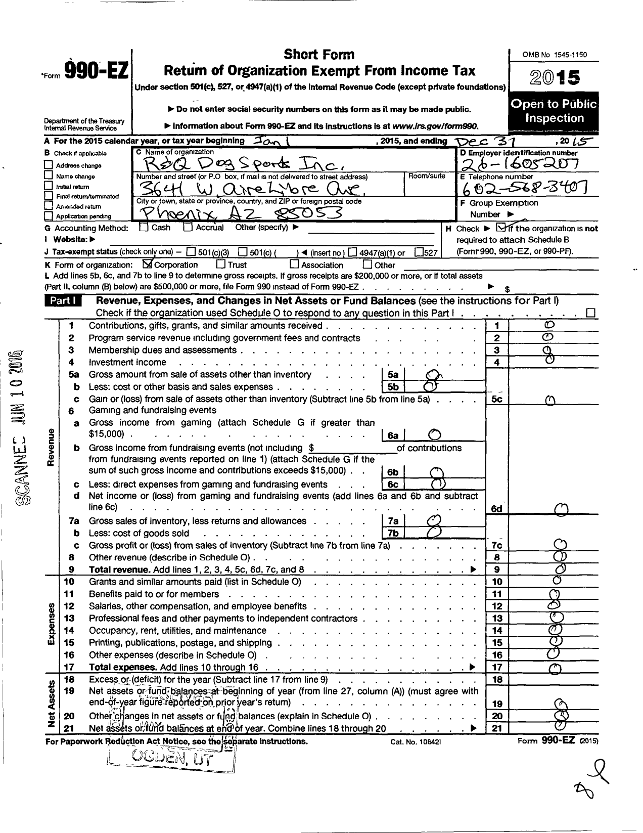 Image of first page of 2015 Form 990EO for R and Q Dog Sports