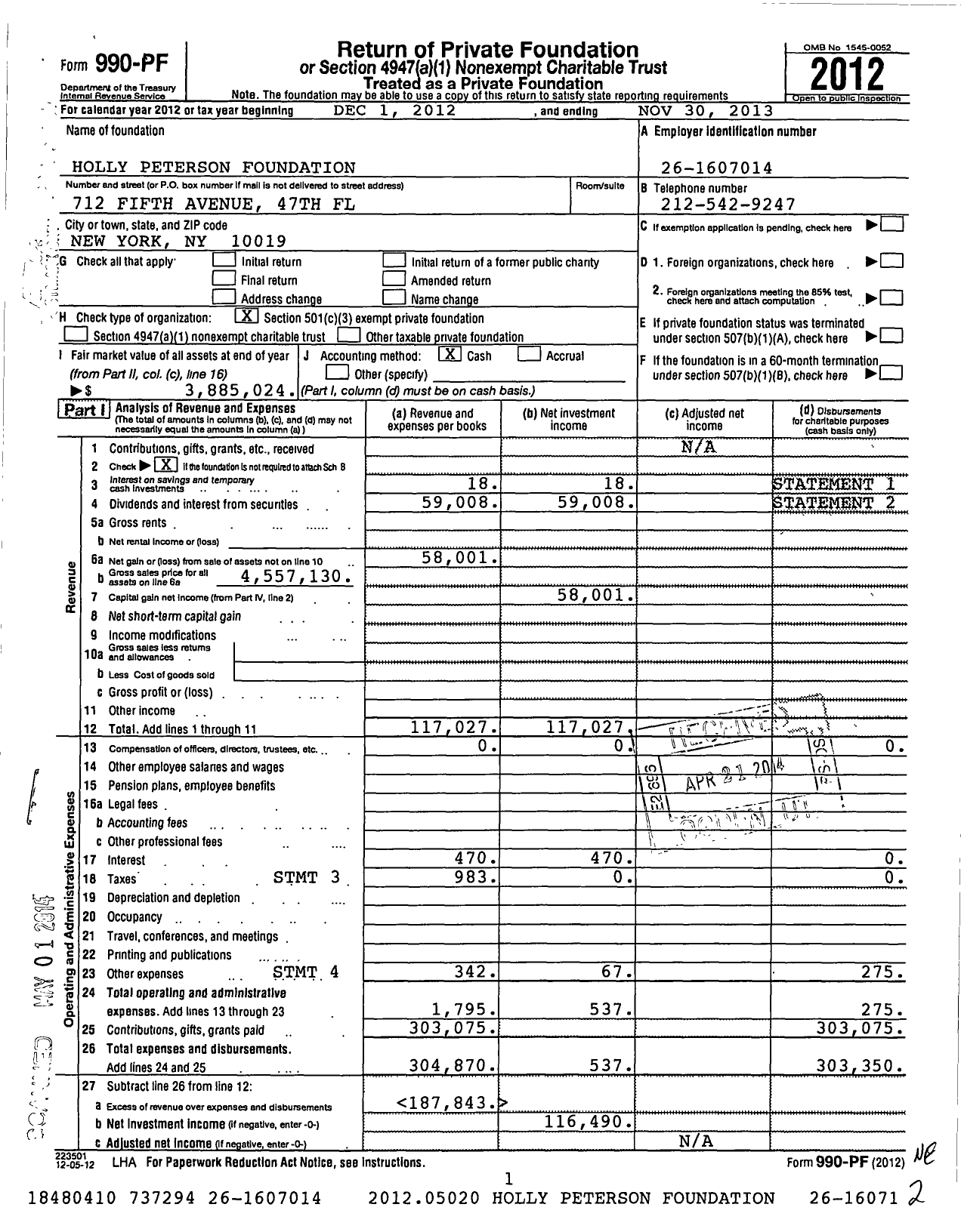 Image of first page of 2012 Form 990PF for Holly Peterson Foundation