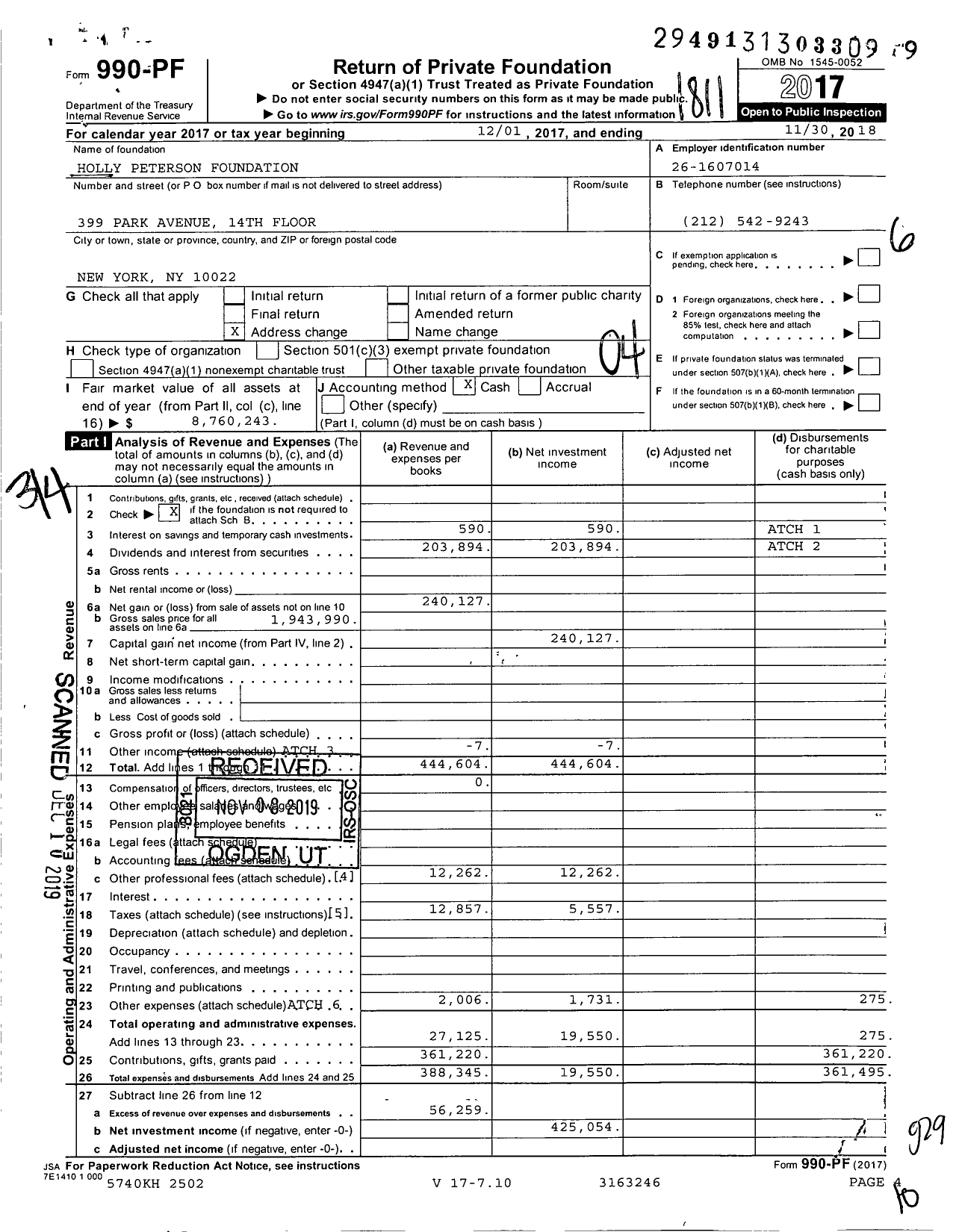 Image of first page of 2017 Form 990PF for Holly Peterson Foundation