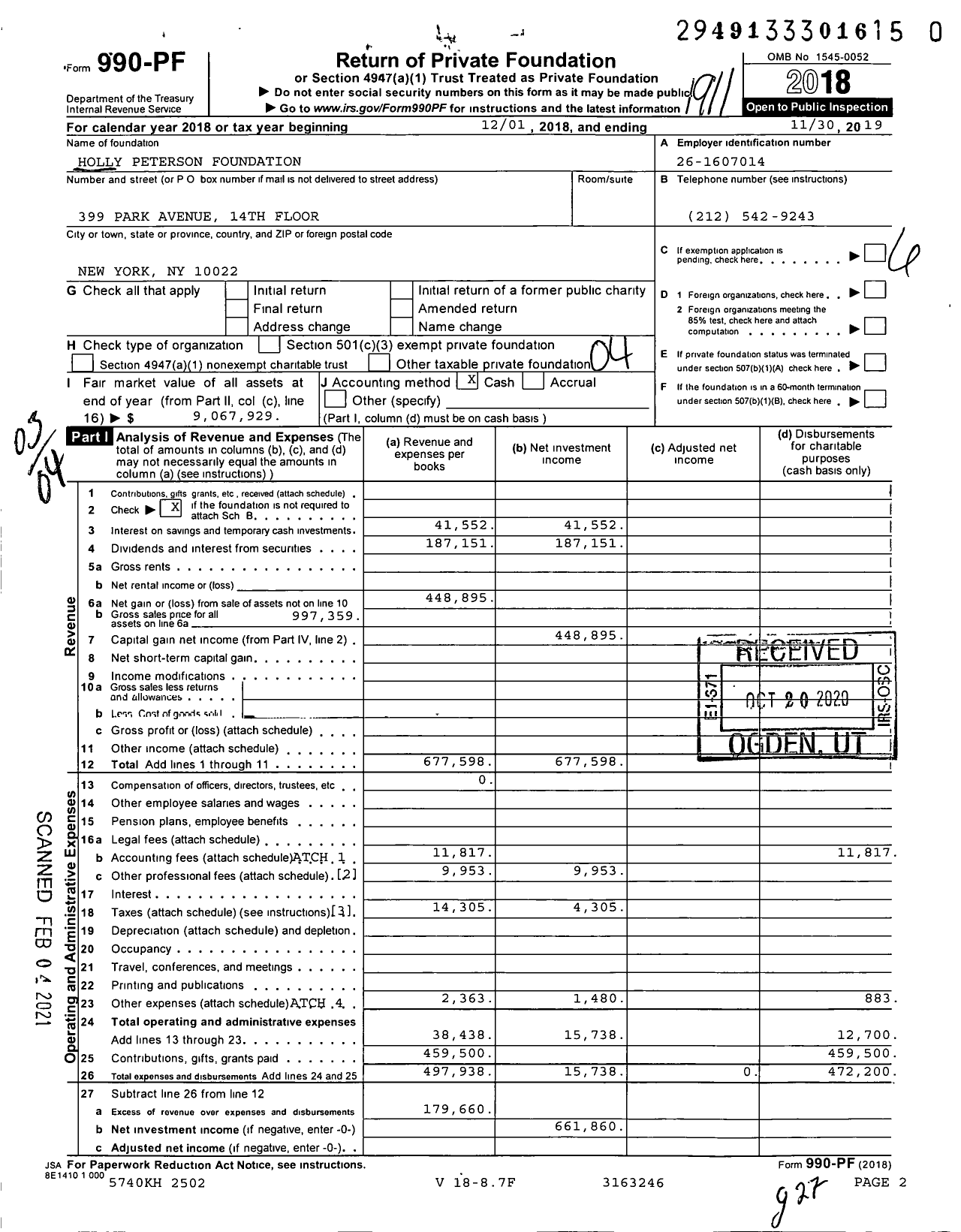 Image of first page of 2018 Form 990PF for Holly Peterson Foundation