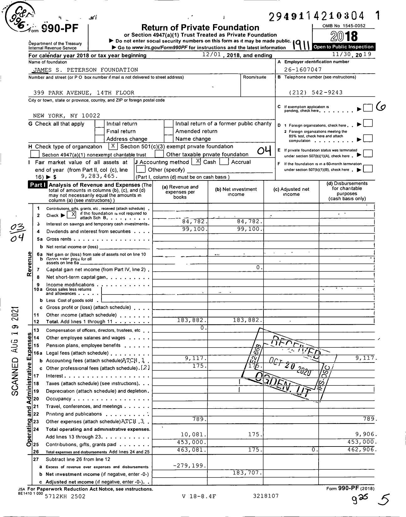 Image of first page of 2018 Form 990PF for James S Peterson Foundation