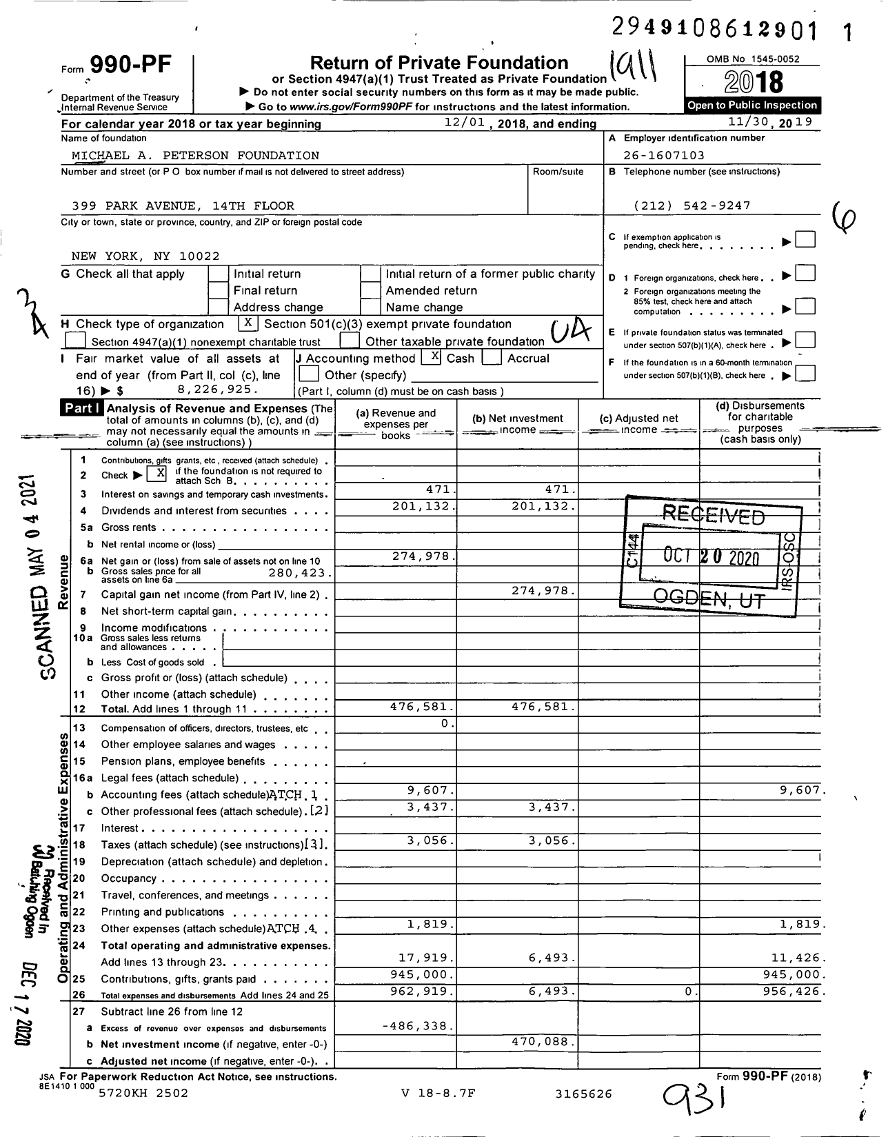Image of first page of 2018 Form 990PF for Michael A Peterson Foundation