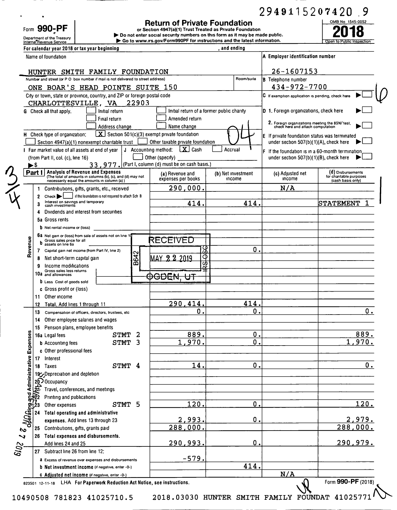 Image of first page of 2018 Form 990PF for Smith Vicars Family Foundation