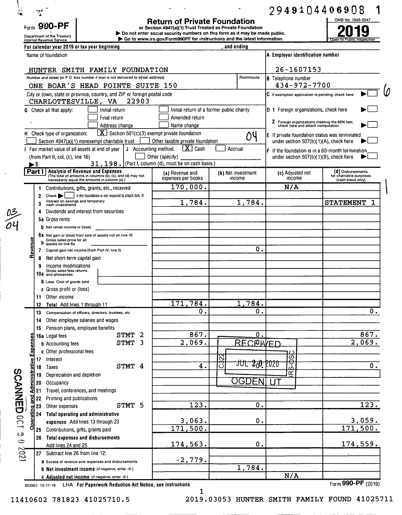 Image of first page of 2019 Form 990PF for Smith Vicars Family Foundation