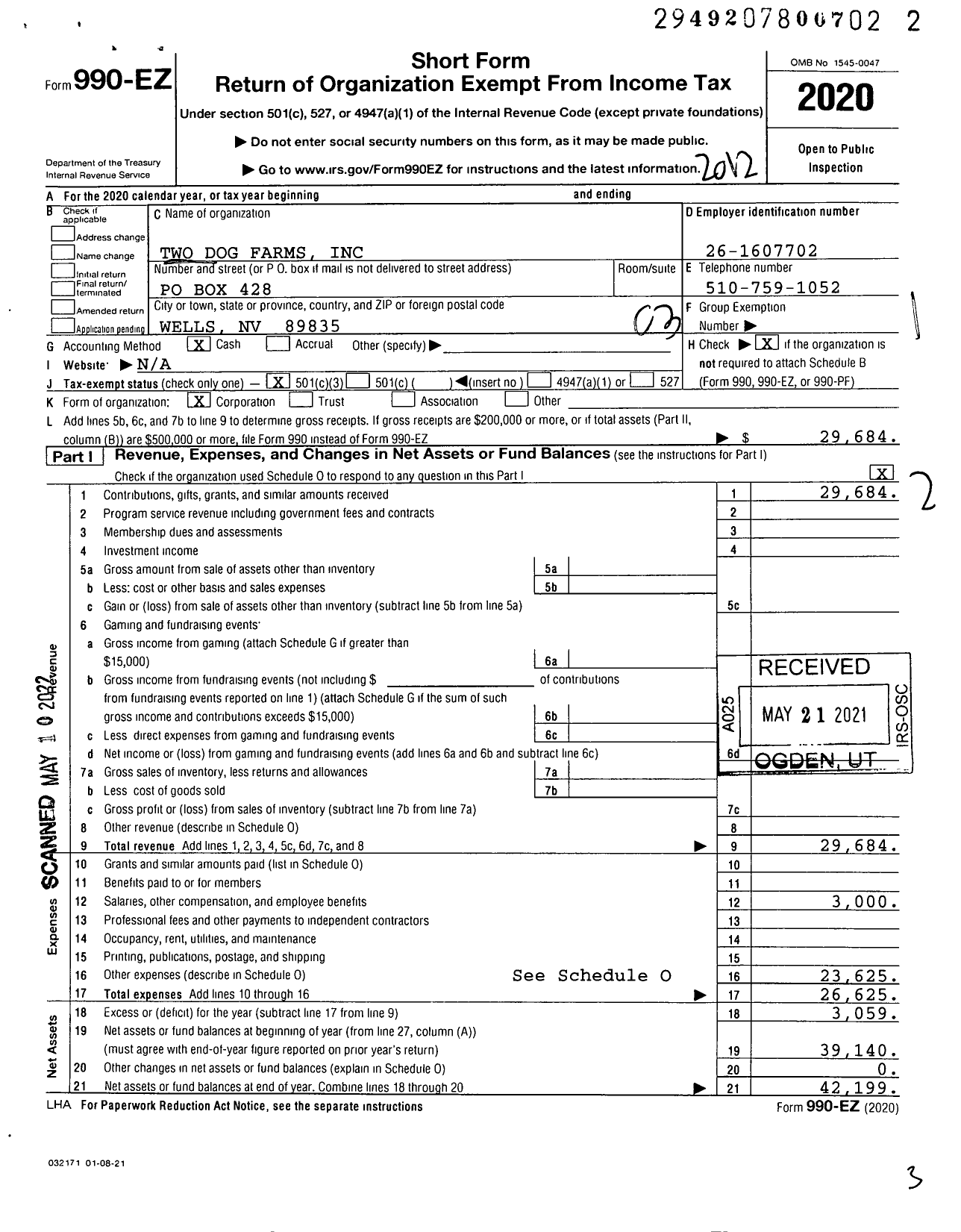 Image of first page of 2020 Form 990EZ for Two Dog Farms