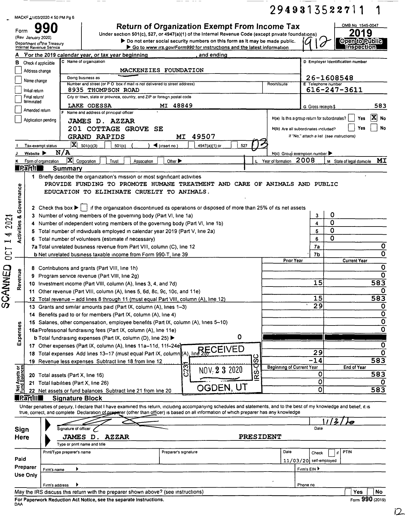 Image of first page of 2019 Form 990 for Mackenzies Foundation