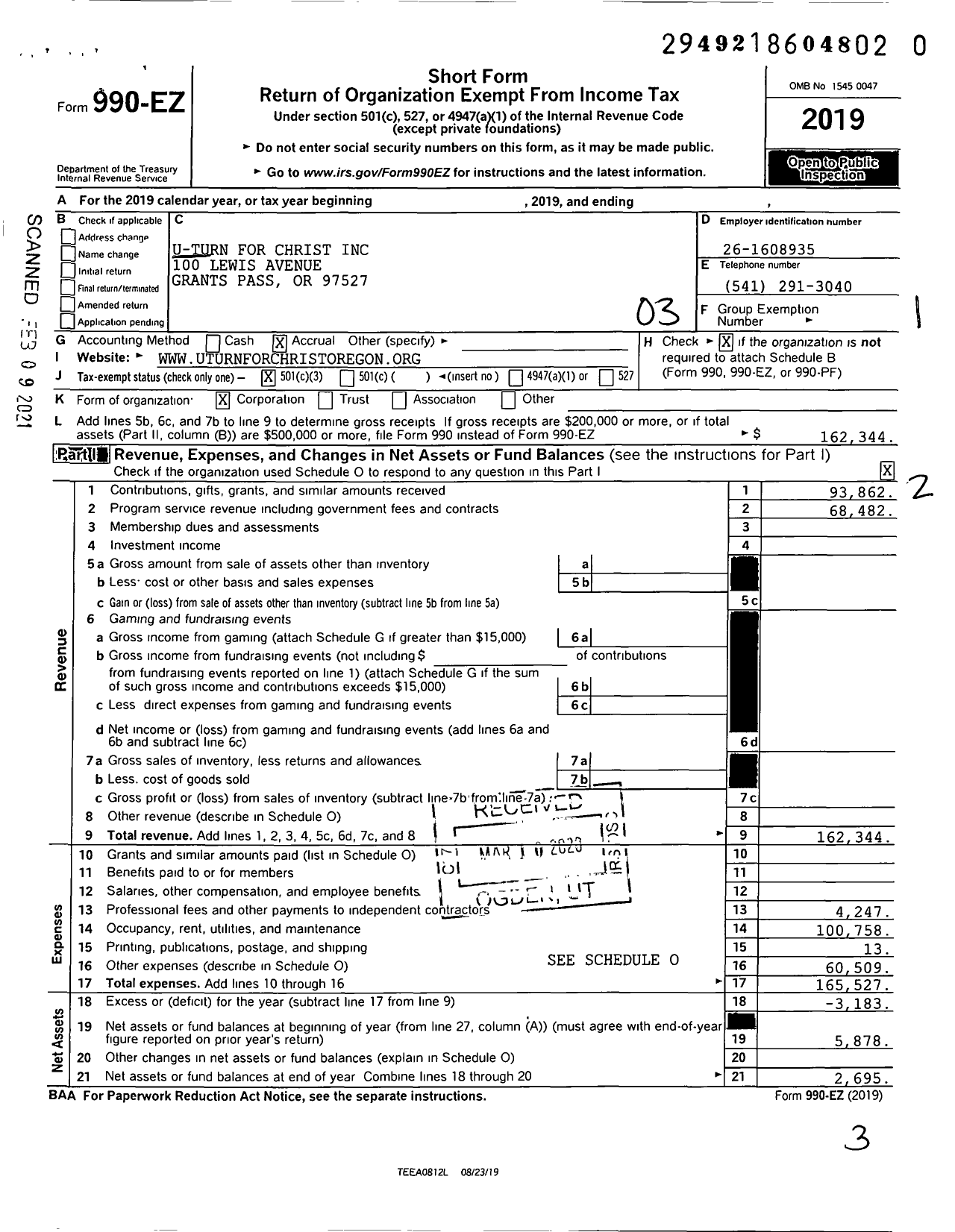 Image of first page of 2019 Form 990EZ for U-Turn for Christ