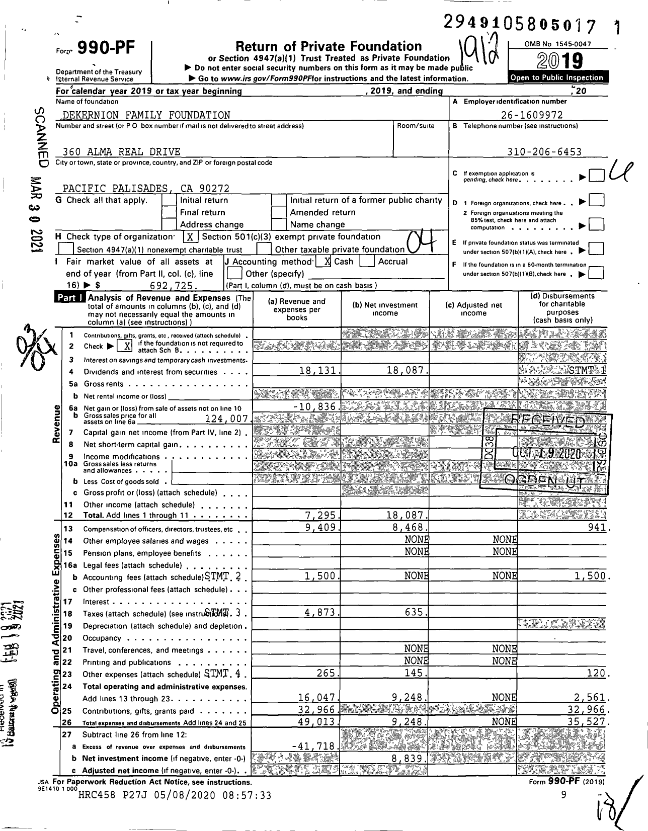 Image of first page of 2019 Form 990PF for Dekernion Family Fndtn Agy Uma