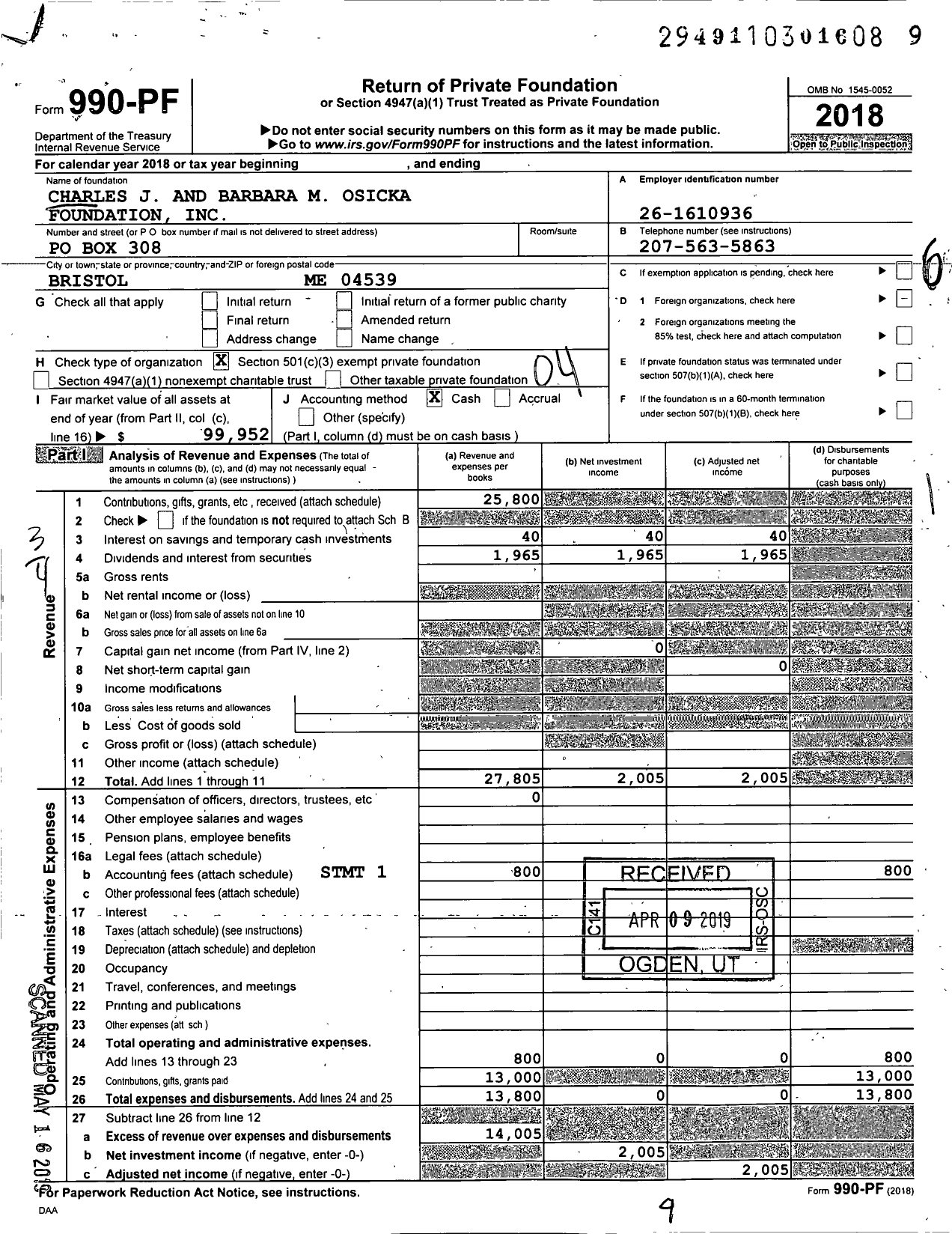 Image of first page of 2018 Form 990PF for Charles J and Barbara M Osicka Foundation