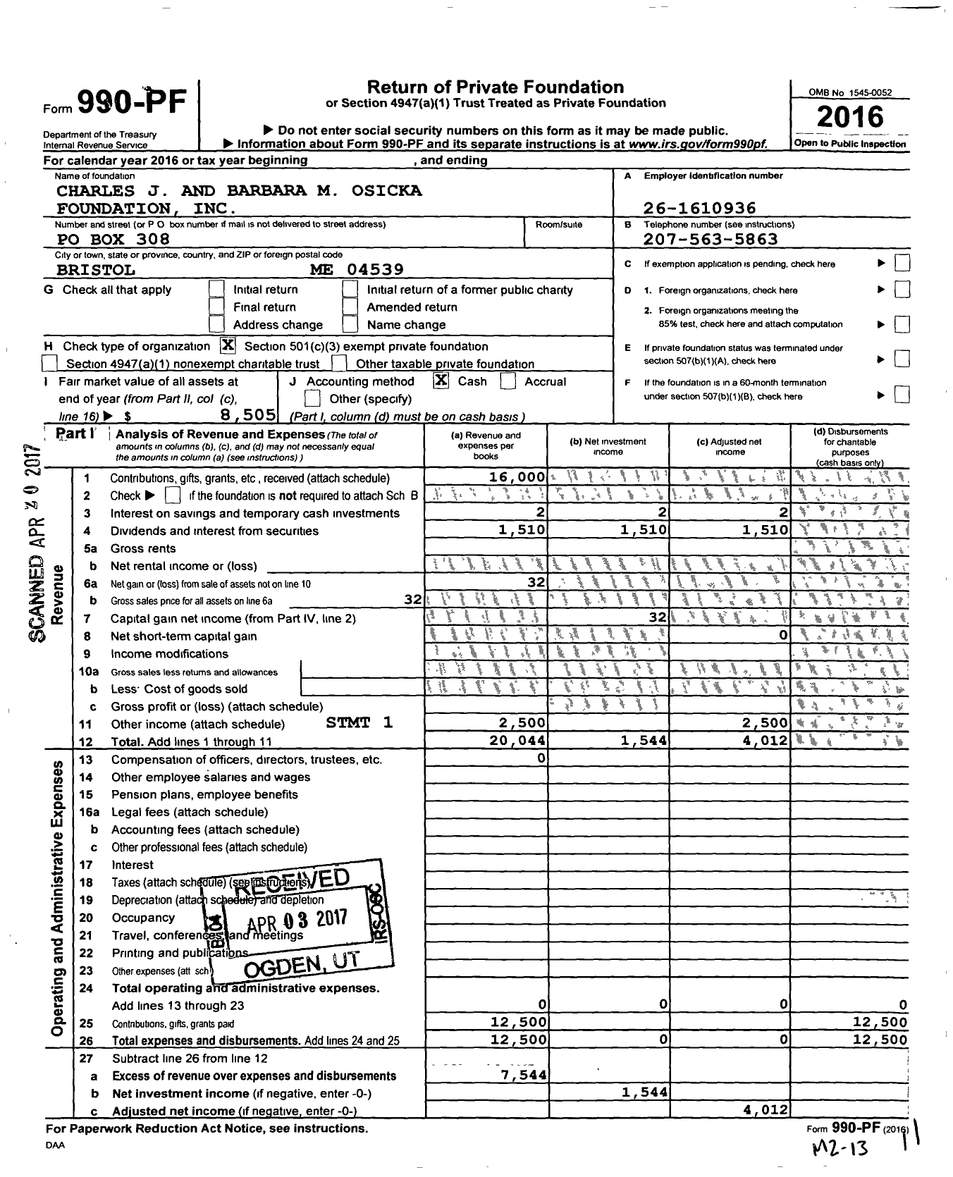 Image of first page of 2016 Form 990PF for Charles J and Barbara M Osicka Foundation