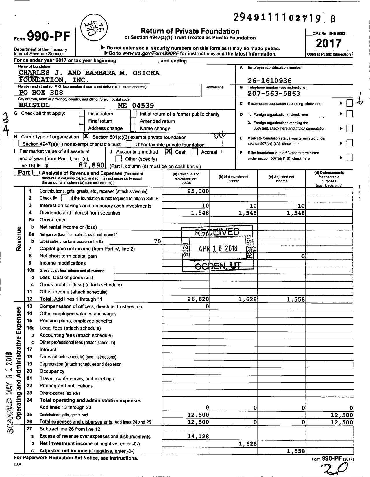 Image of first page of 2017 Form 990PF for Charles J and Barbara M Osicka Foundation