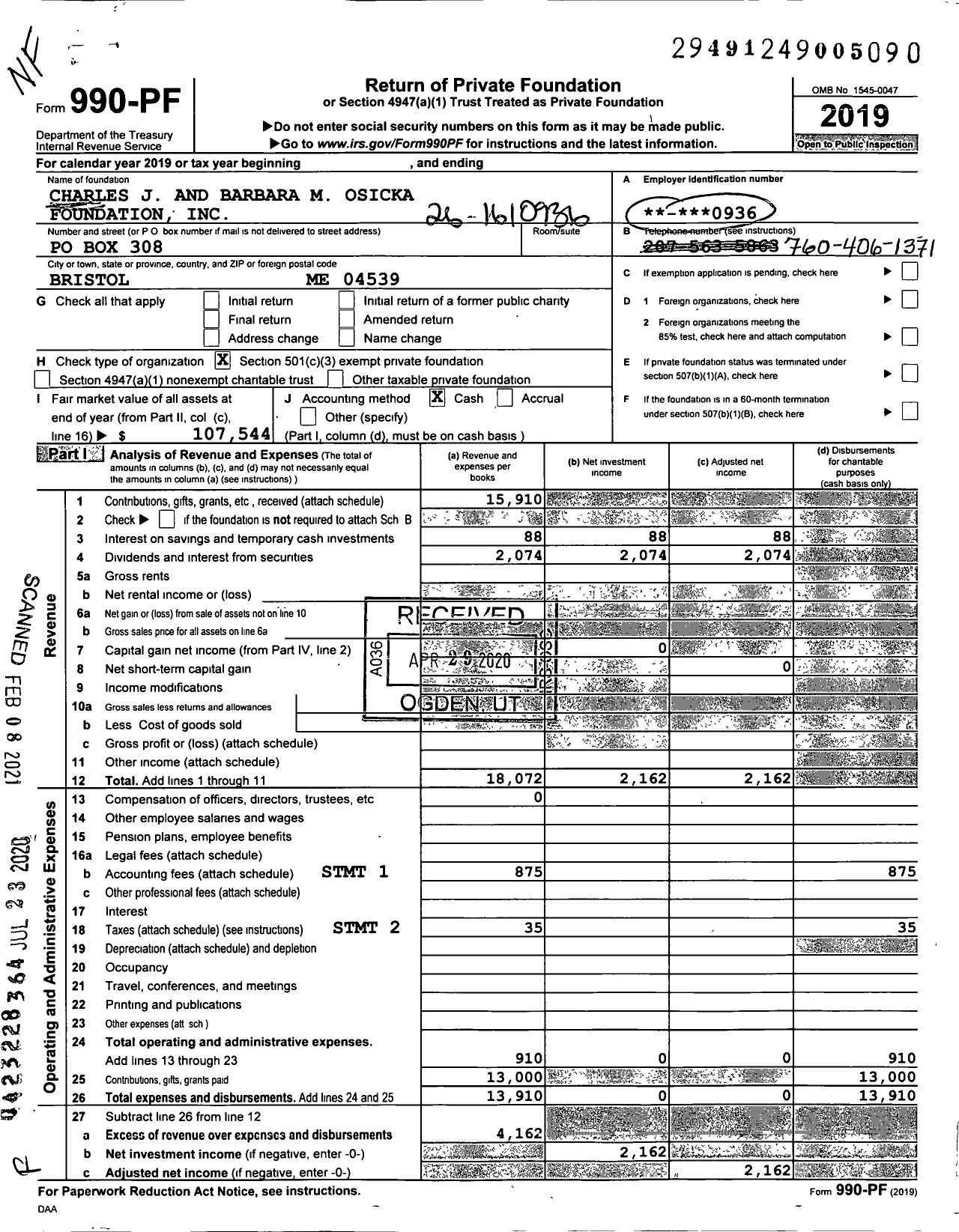 Image of first page of 2019 Form 990PF for Charles J and Barbara M Osicka Foundation