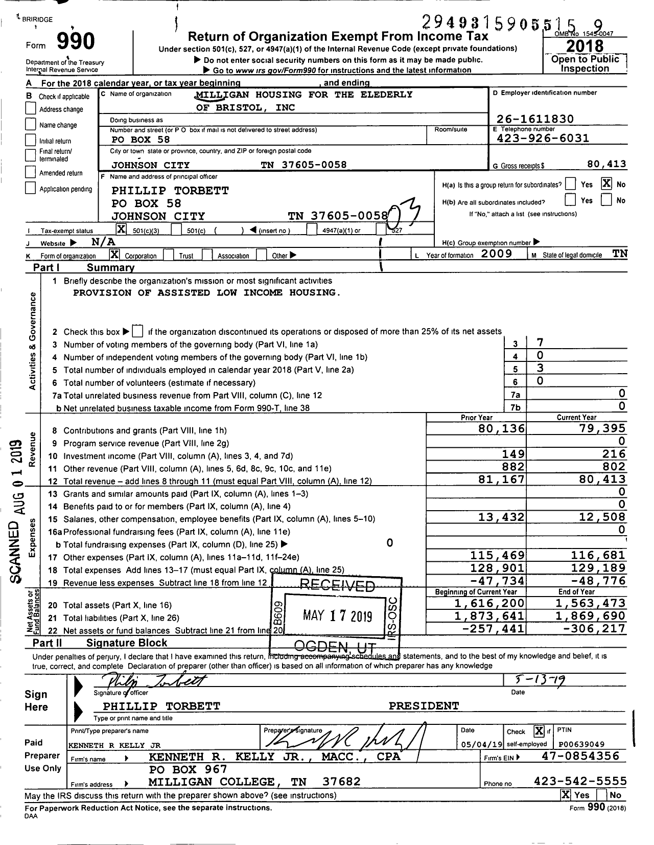 Image of first page of 2018 Form 990 for Milligan Housing for the Elderly and Handicapped of Bristol