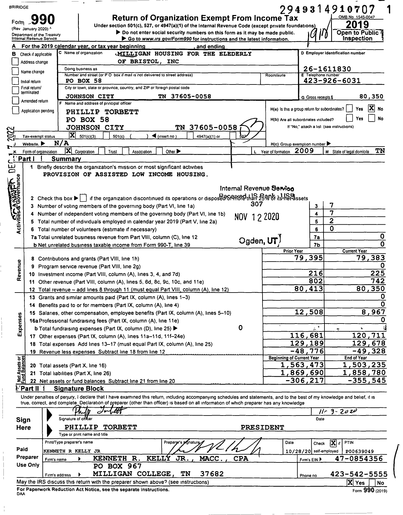 Image of first page of 2019 Form 990 for Milligan Housing for the Elderly and Handicapped of Bristol