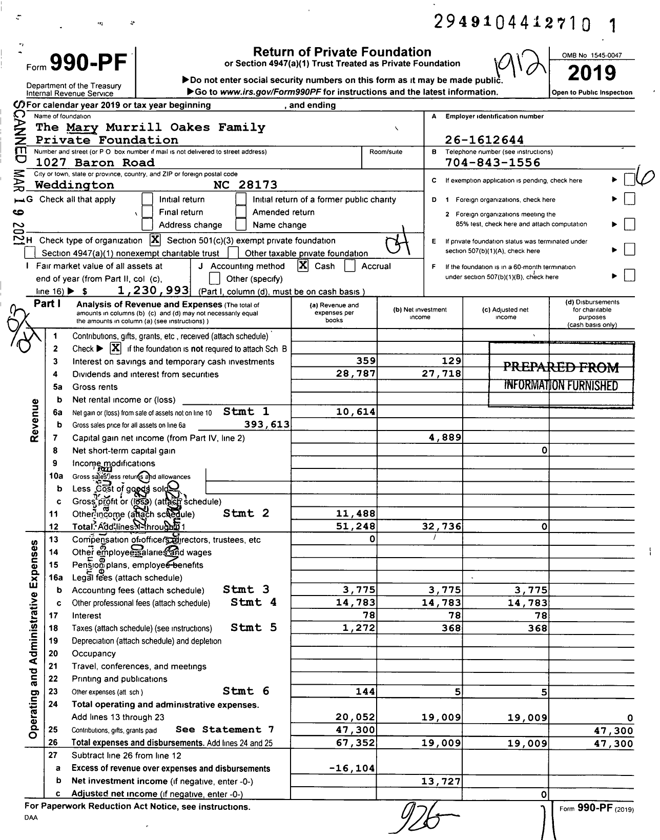 Image of first page of 2019 Form 990PF for The Mary Murrill Oakes Family Private Foundation