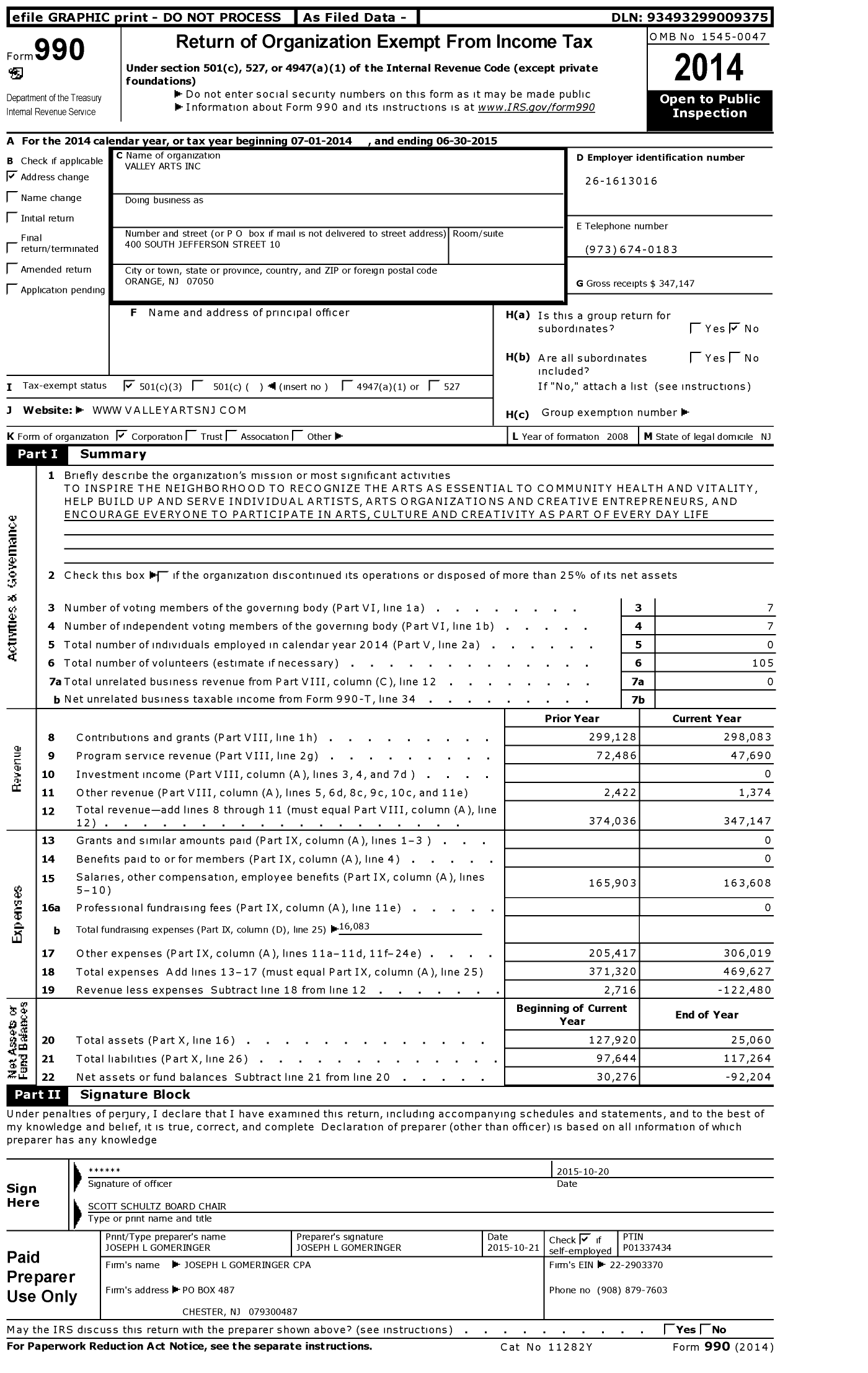 Image of first page of 2014 Form 990 for Valley Arts