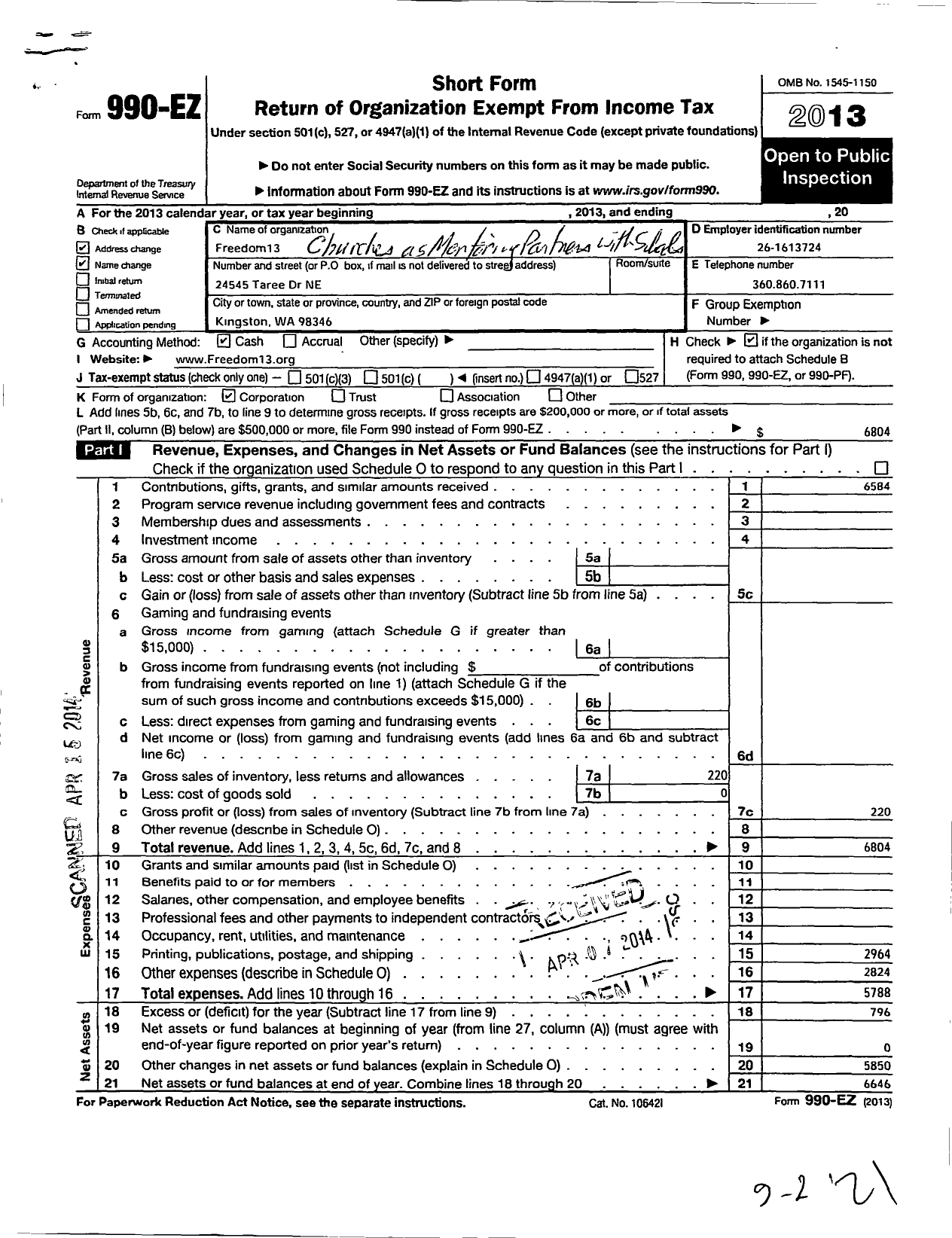 Image of first page of 2013 Form 990EO for Freedom 13