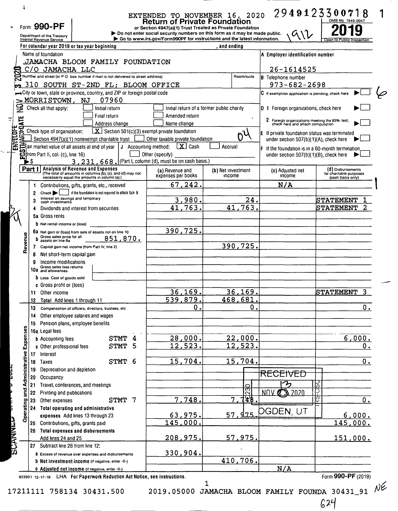 Image of first page of 2019 Form 990PF for Jamacha Bloom Family Foundation