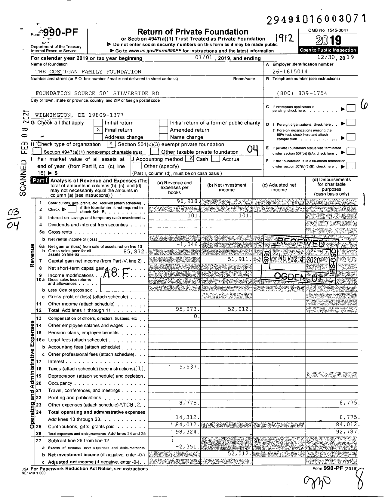 Image of first page of 2019 Form 990PF for The Costigan Family Foundation