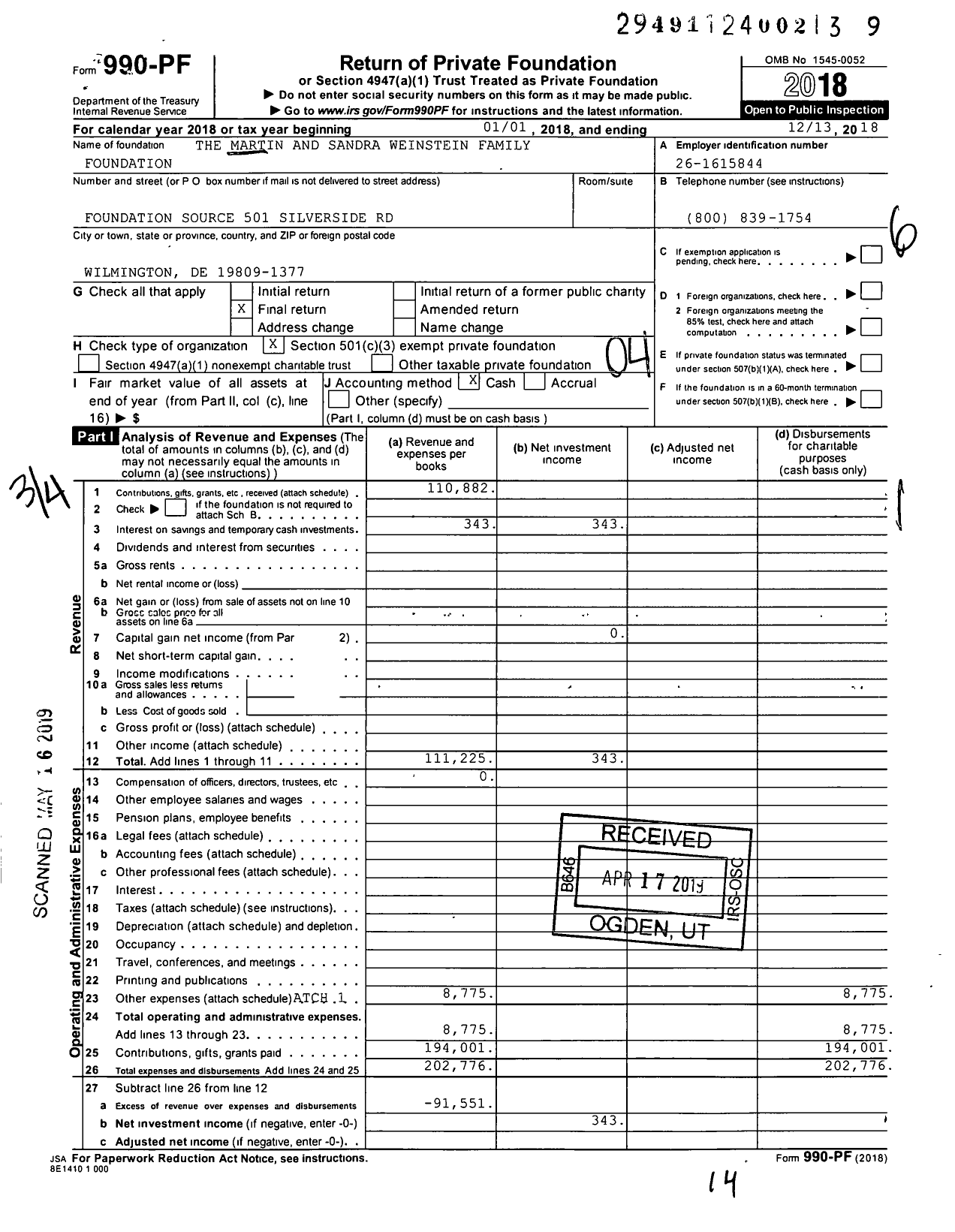 Image of first page of 2018 Form 990PF for The Martin and Sandra Weinstein Family Foundation