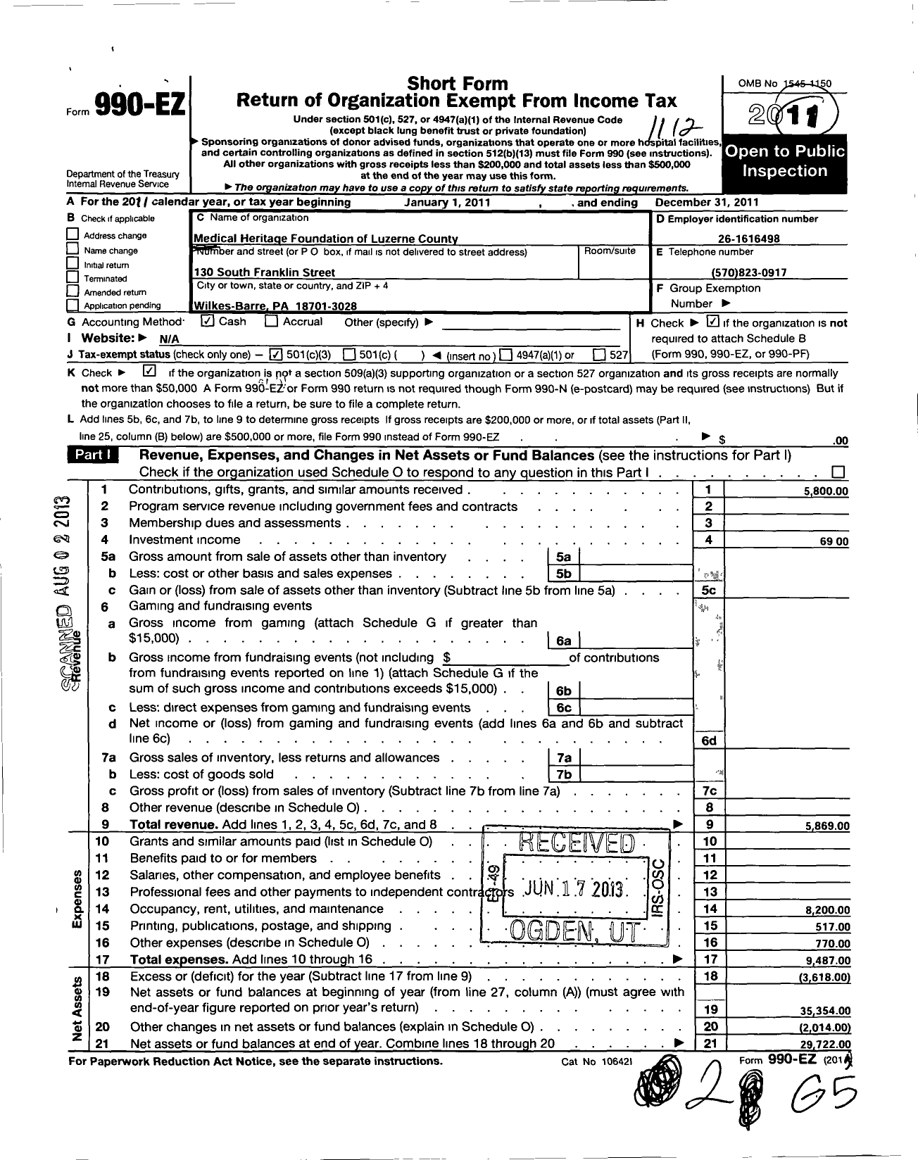 Image of first page of 2011 Form 990EZ for Medical Heritage Foundation of Luzerne County