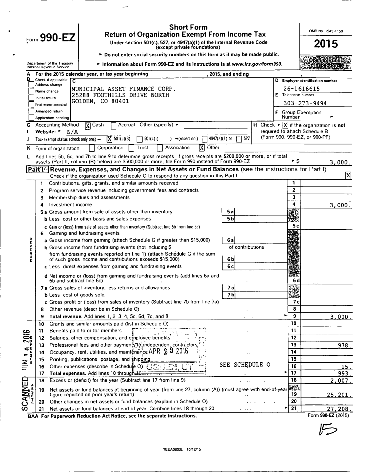 Image of first page of 2015 Form 990EZ for Municipal Asset Finance Corporation