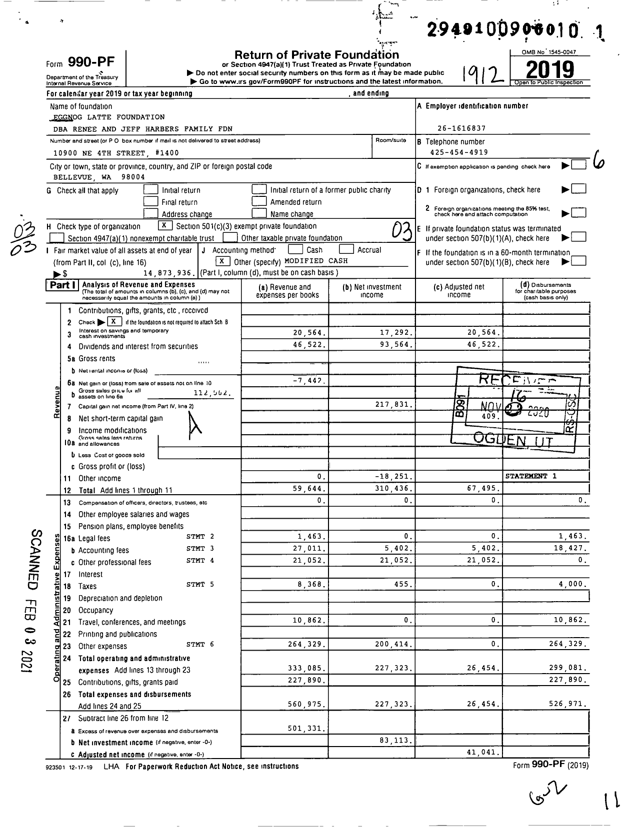 Image of first page of 2019 Form 990PF for Renee and Jeff Harbers Family Foundation