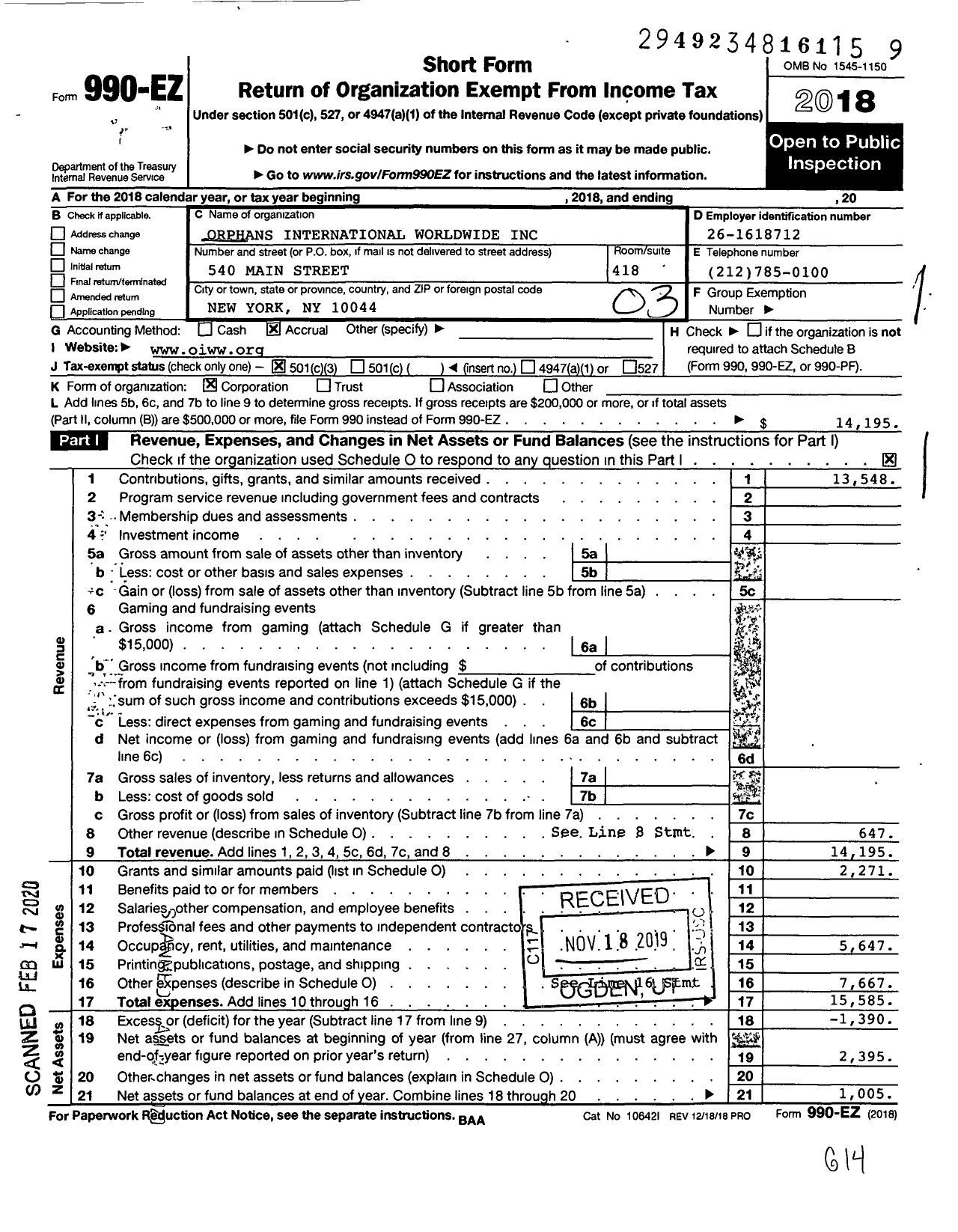 Image of first page of 2018 Form 990EZ for Orphans International Worldwide