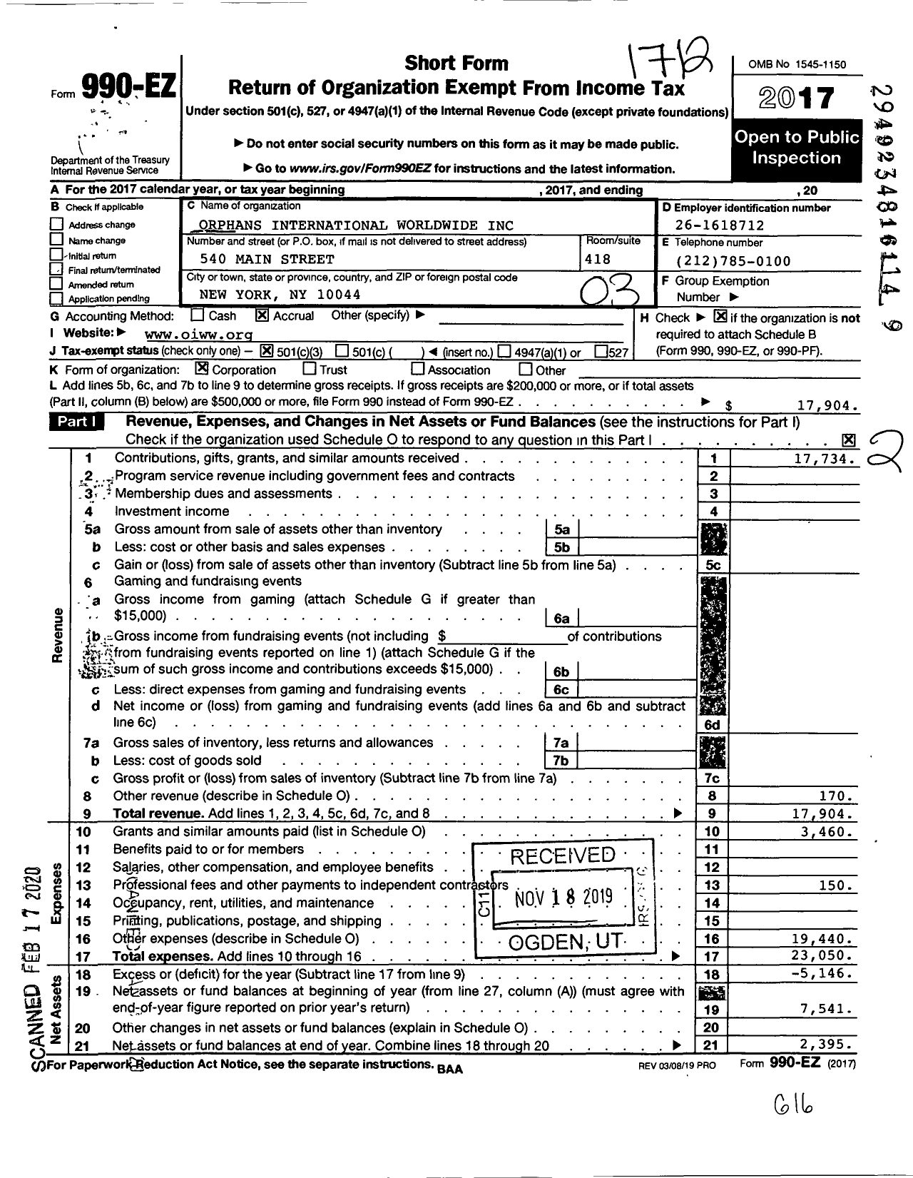 Image of first page of 2017 Form 990EZ for Orphans International Worldwide