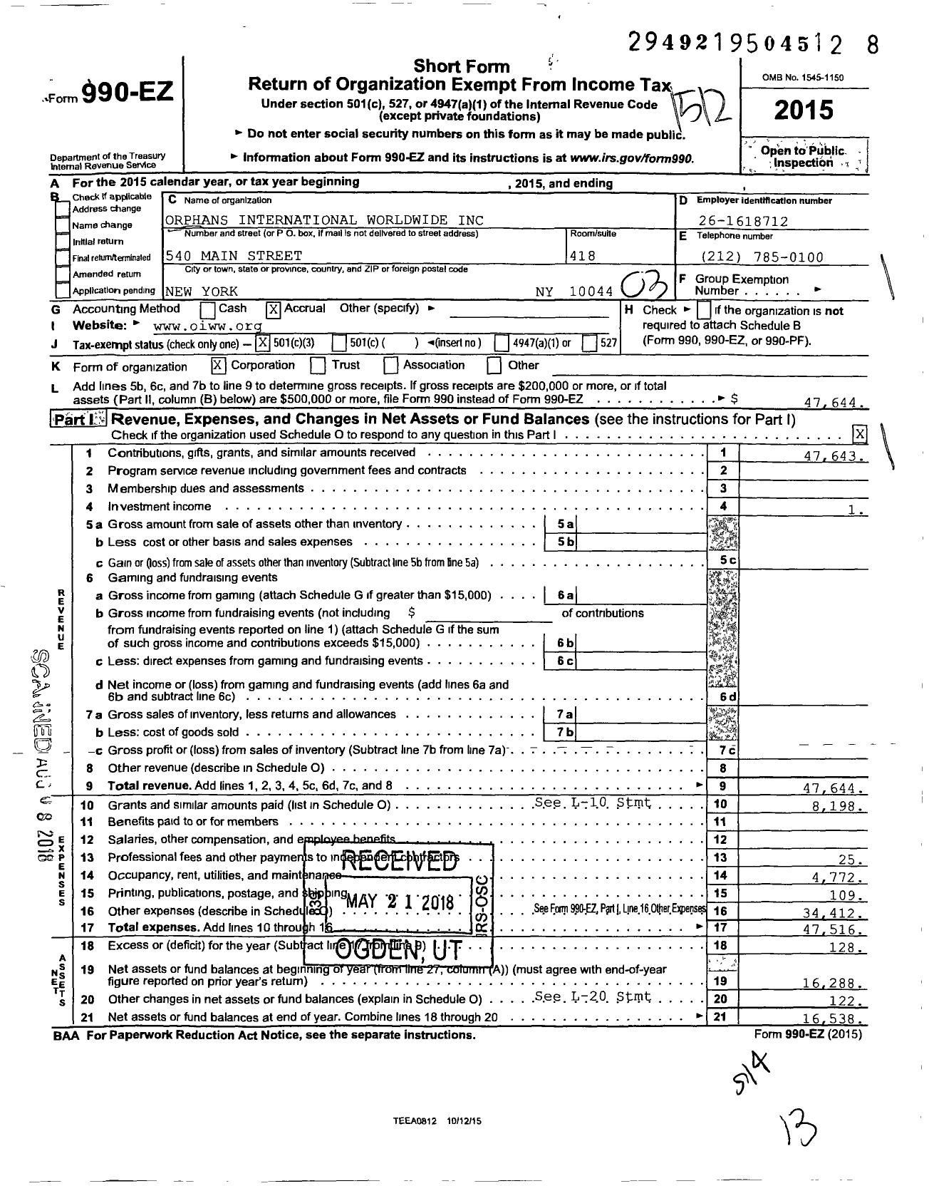 Image of first page of 2015 Form 990EZ for Orphans International Worldwide