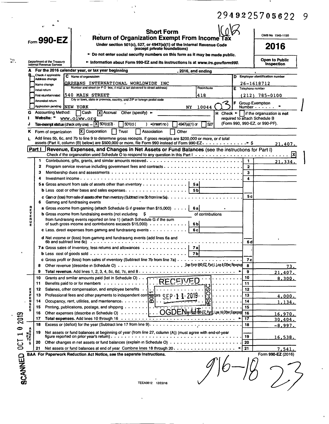 Image of first page of 2016 Form 990EZ for Orphans International Worldwide