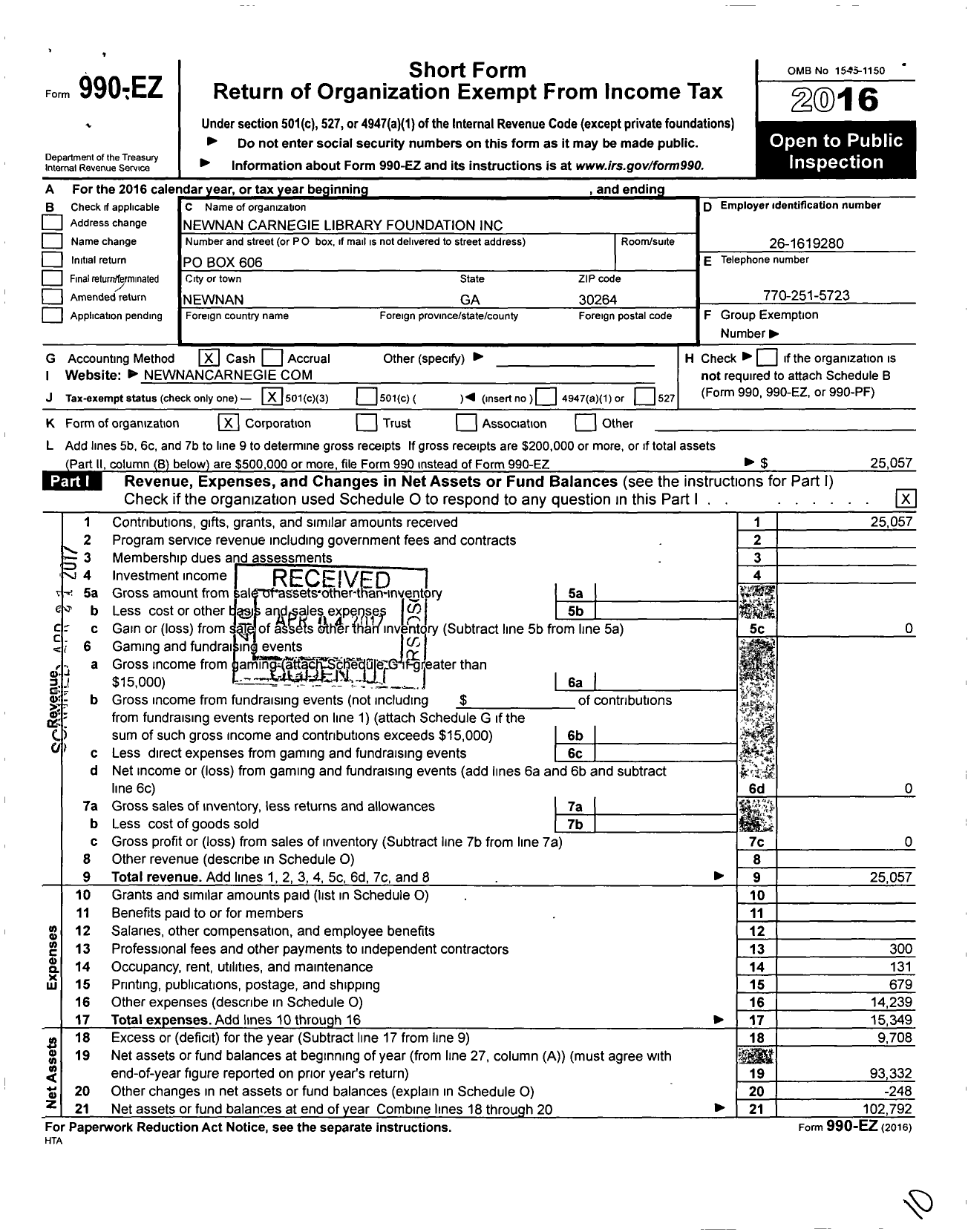 Image of first page of 2016 Form 990EZ for Newnan Carnegie Library Foundation