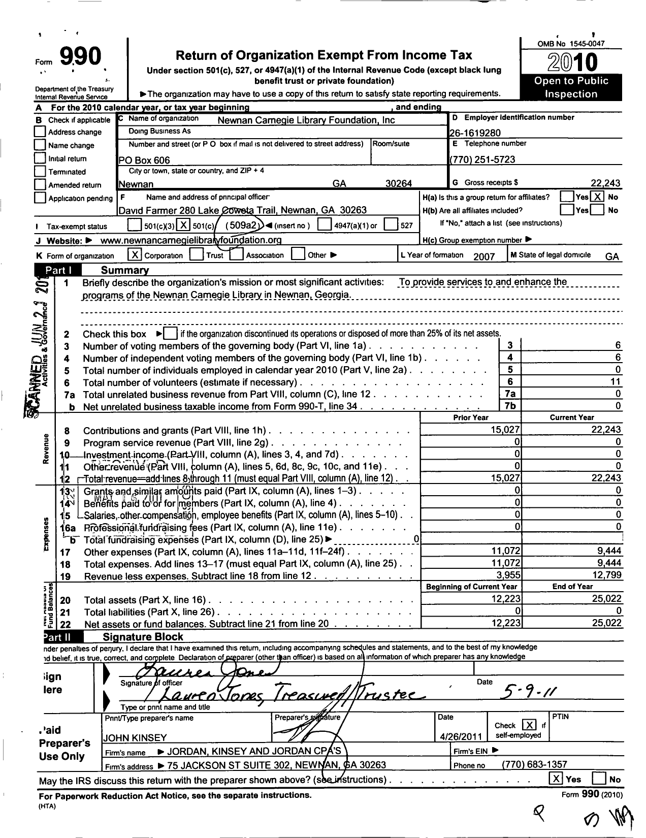 Image of first page of 2010 Form 990O for Newnan Carnegie Library Foundation