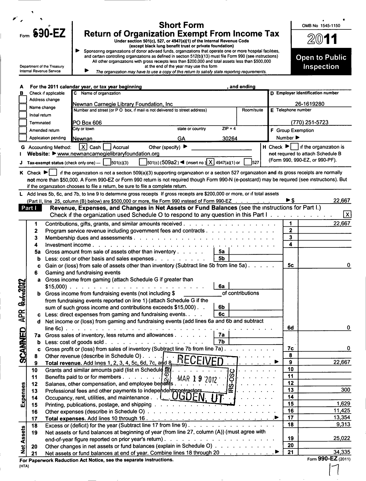 Image of first page of 2011 Form 990EO for Newnan Carnegie Library Foundation