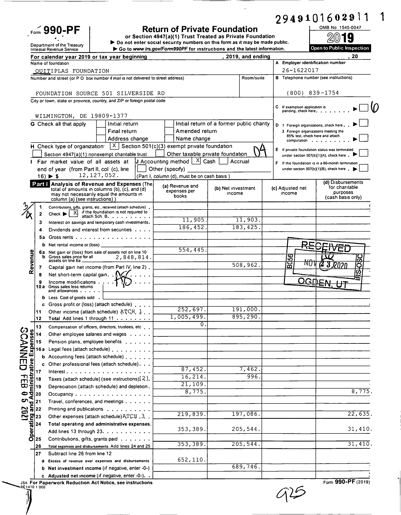 Image of first page of 2019 Form 990PF for Quitiplas Foundation