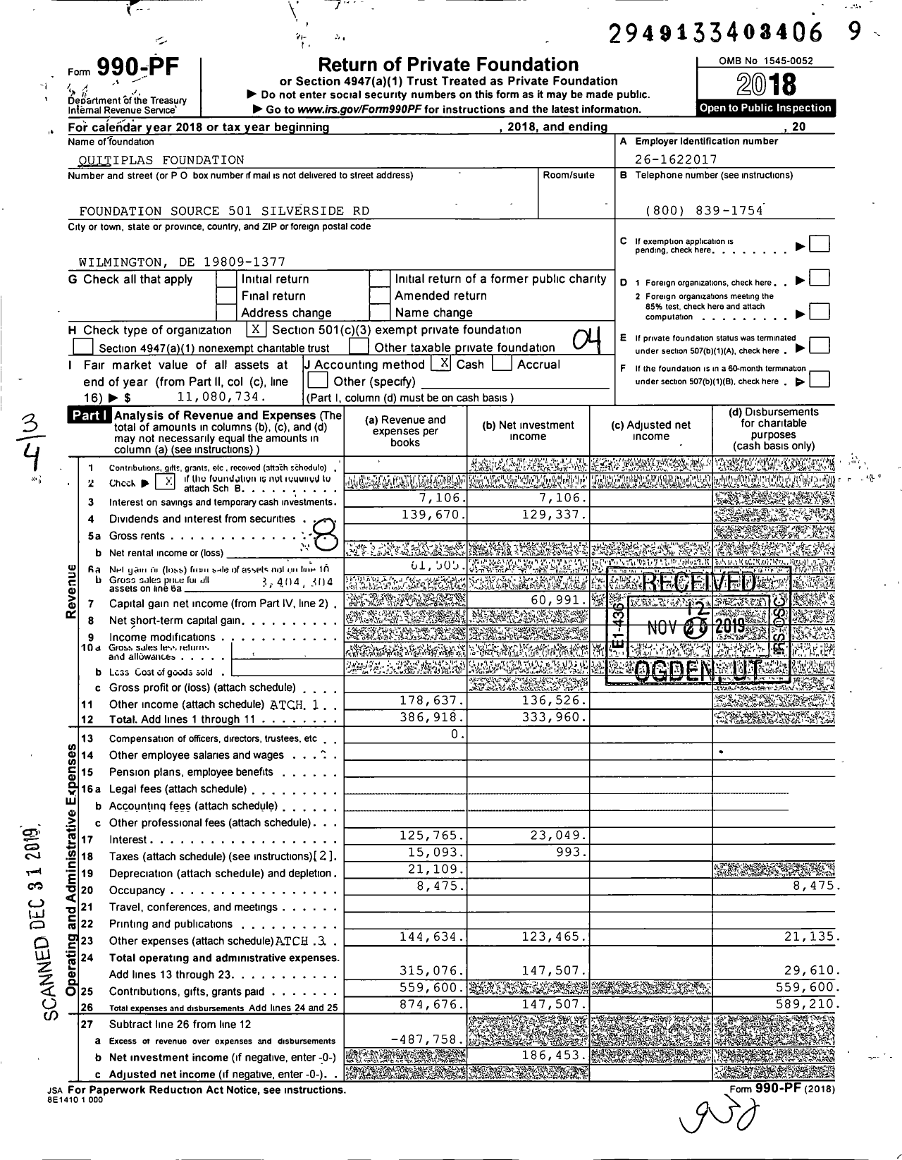 Image of first page of 2018 Form 990PF for Quitiplas Foundation