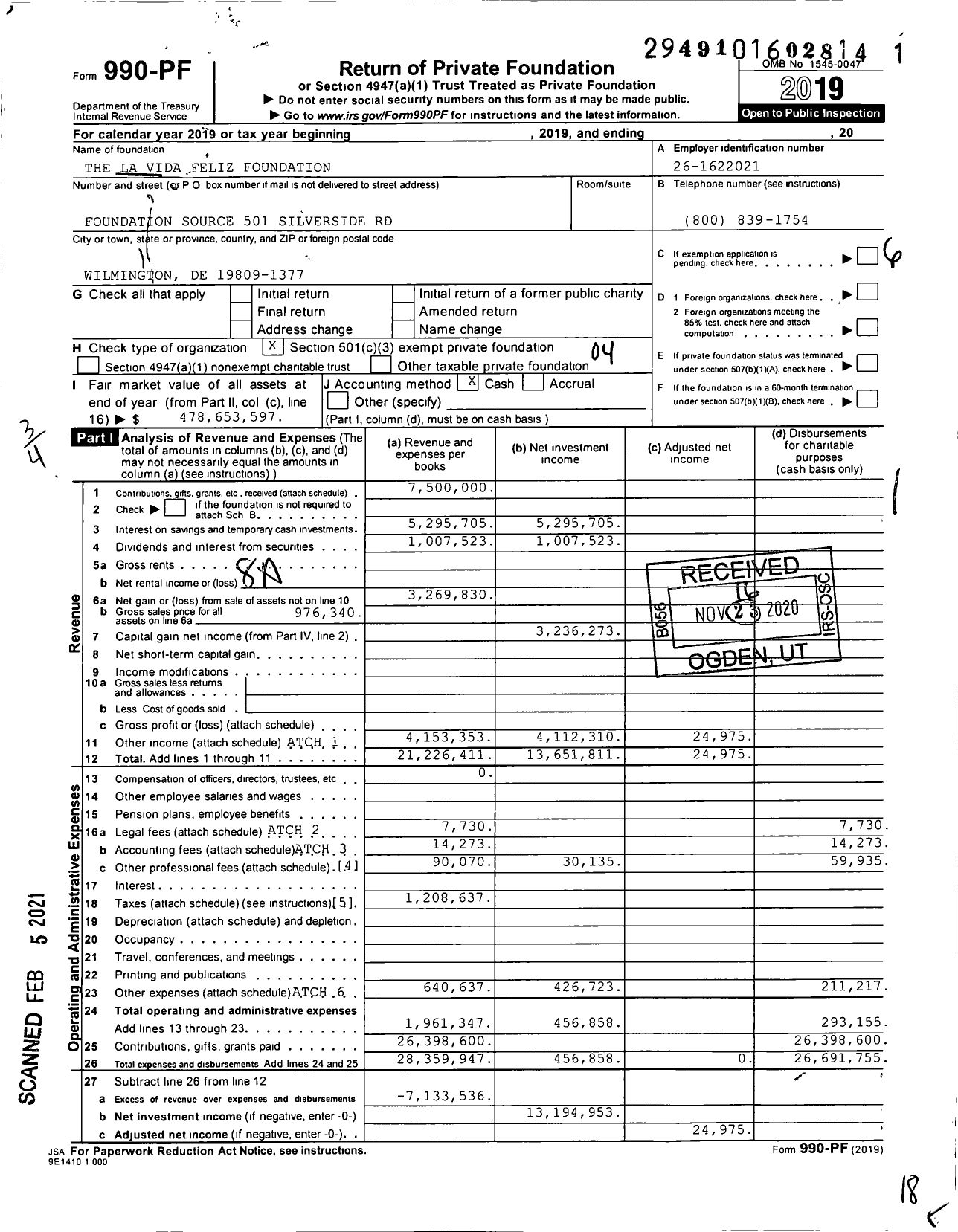 Image of first page of 2019 Form 990PF for La Vida Feliz Foundation