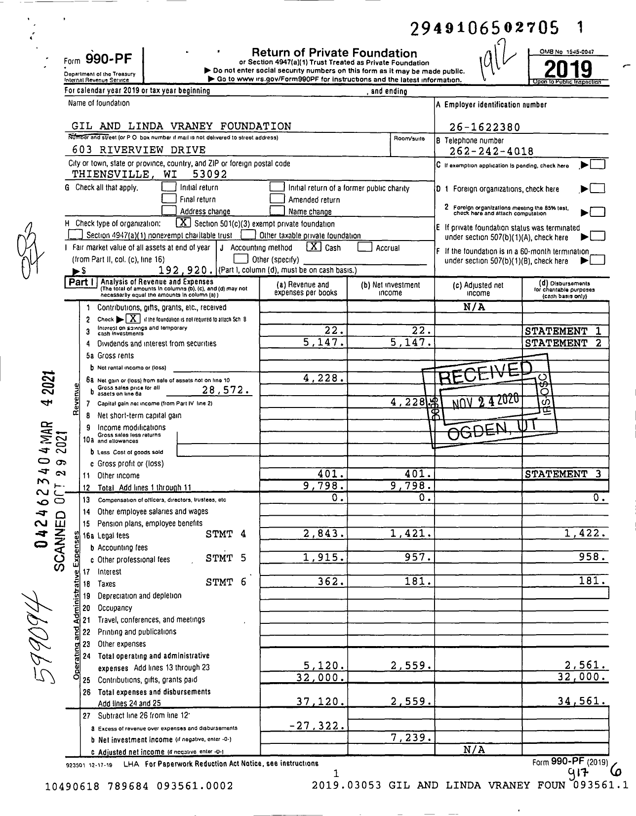 Image of first page of 2019 Form 990PF for Gil and Linda Vraney Foundation