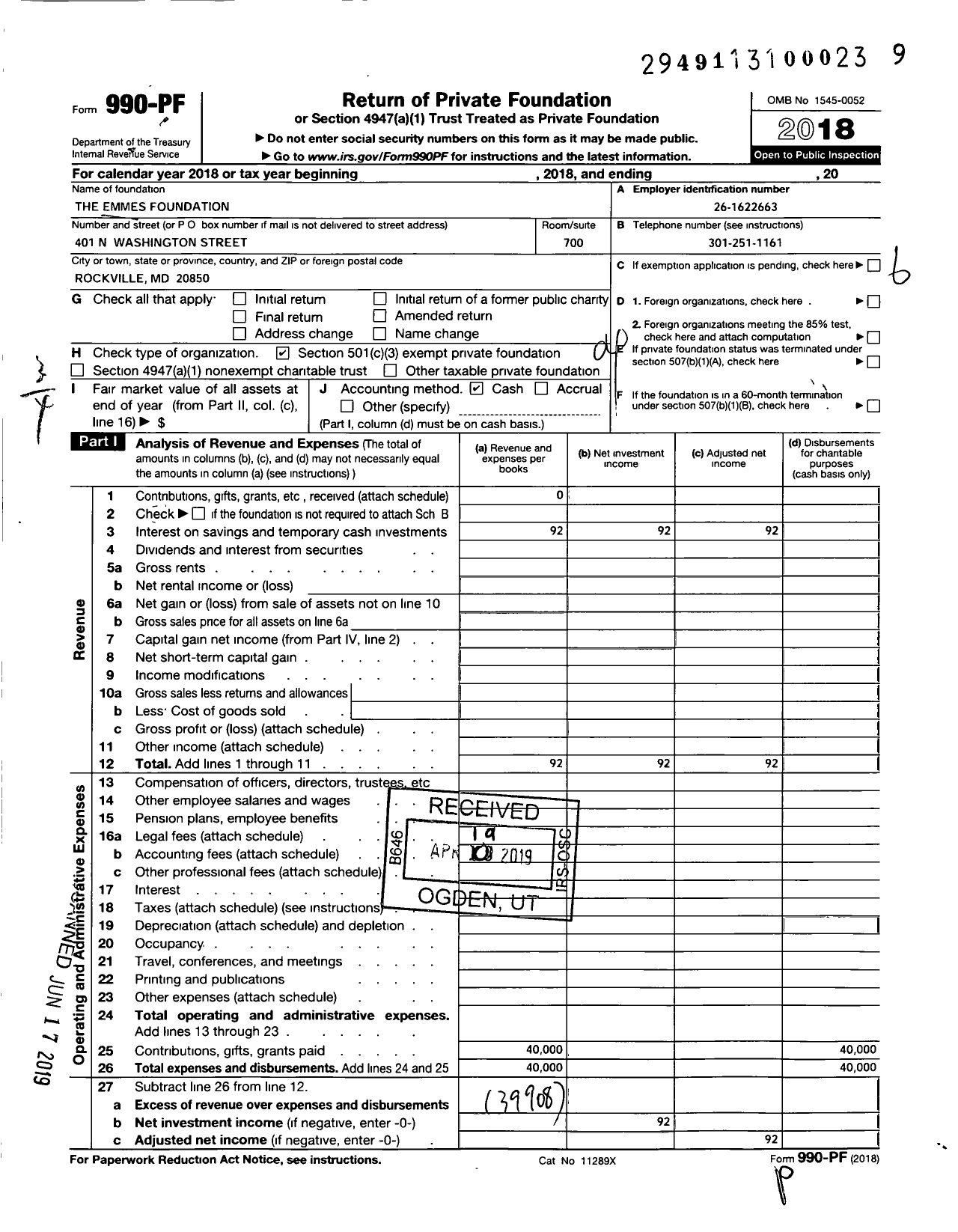 Image of first page of 2018 Form 990PF for The Emmes Foundation