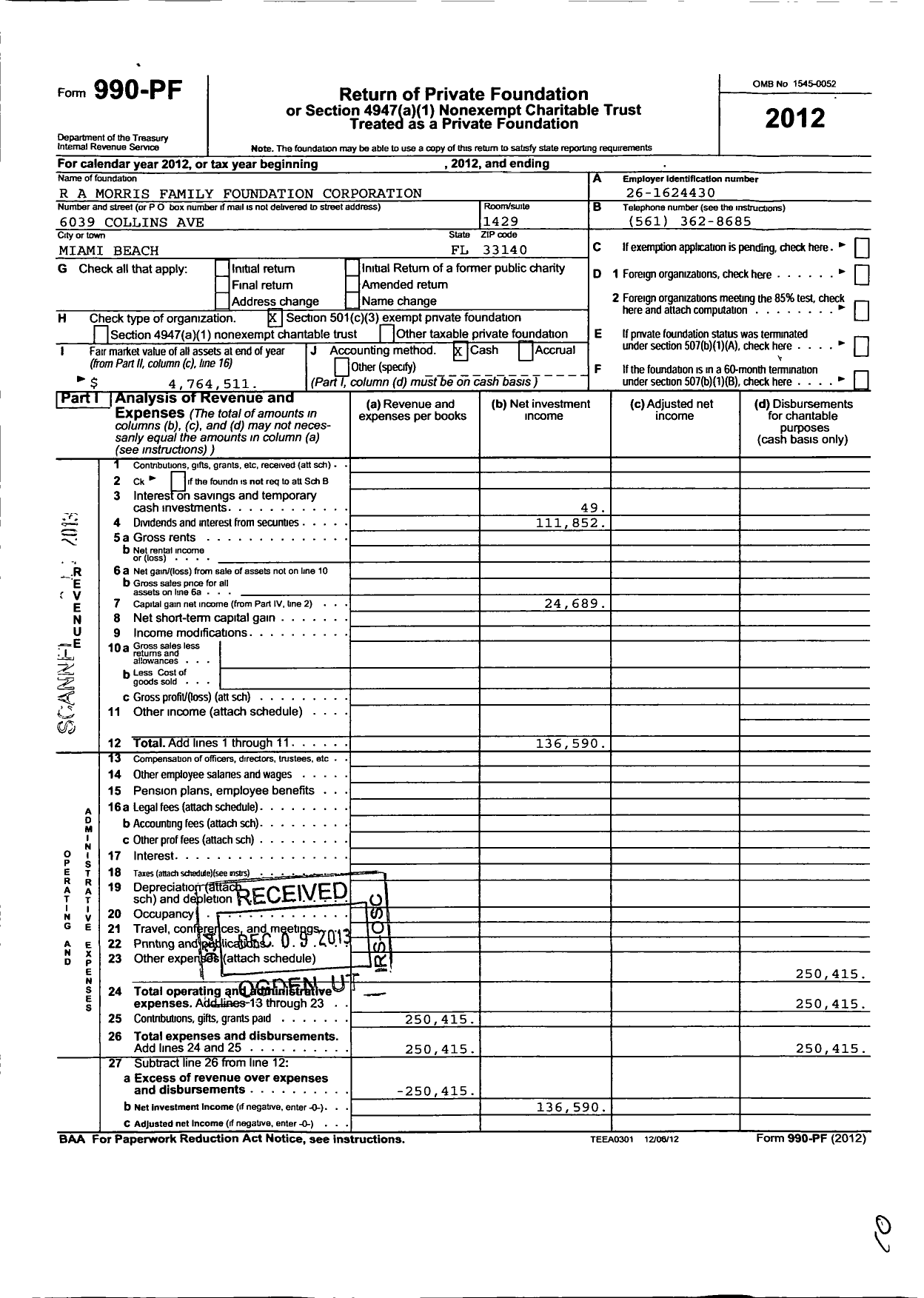 Image of first page of 2012 Form 990PF for R A Morris Family Foundation Corporation