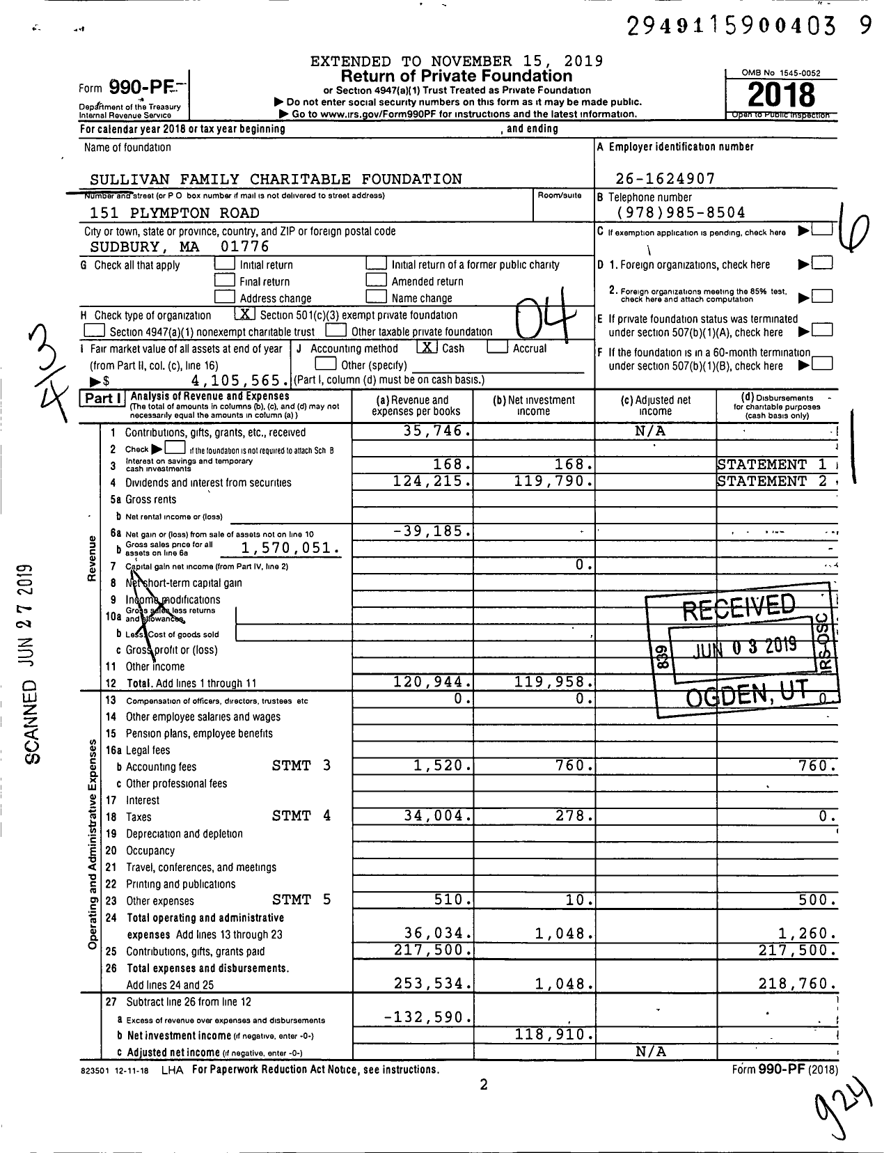 Image of first page of 2018 Form 990PF for Sullivan Family Charitable Foundation