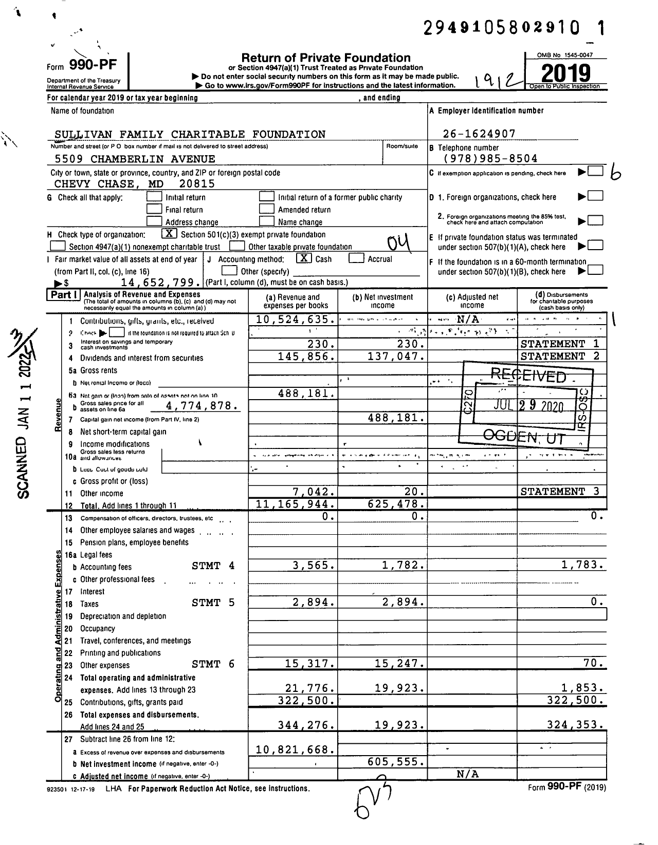 Image of first page of 2019 Form 990PF for Sullivan Family Charitable Foundation