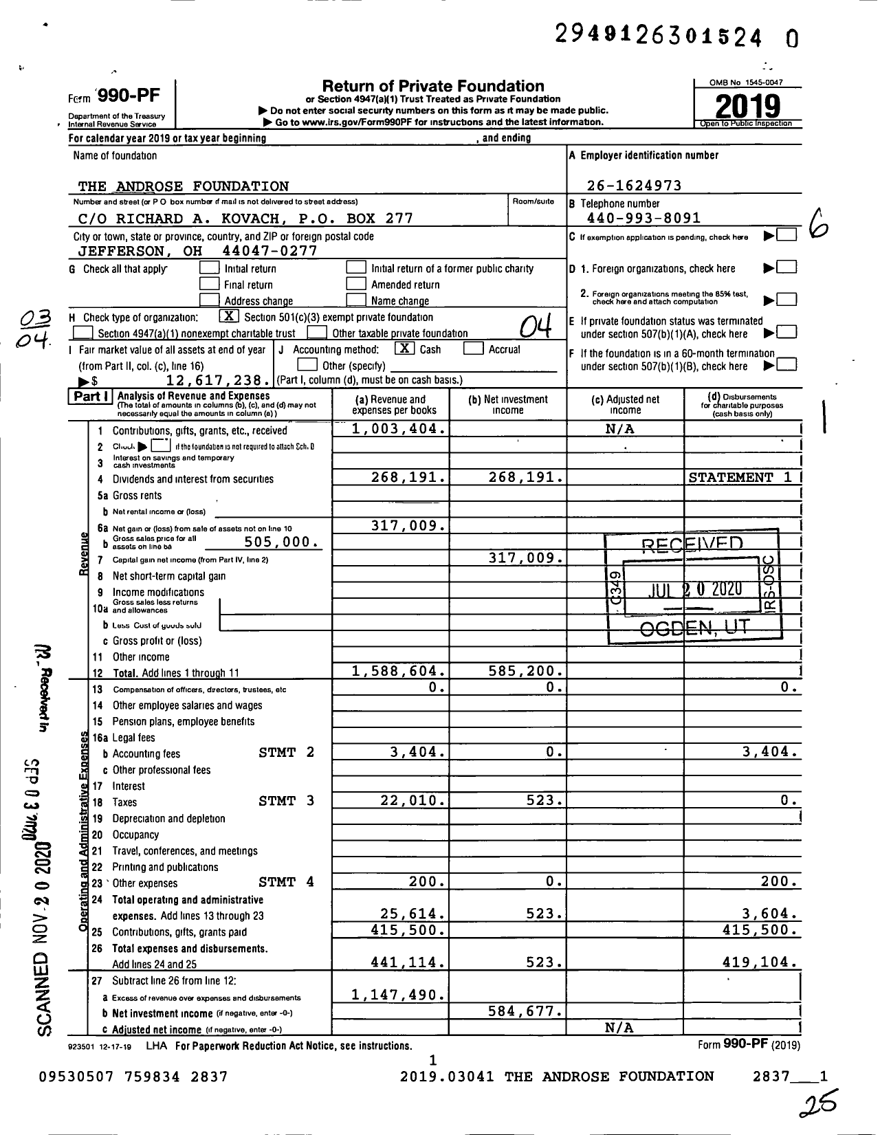 Image of first page of 2019 Form 990PF for The Androse Foundation