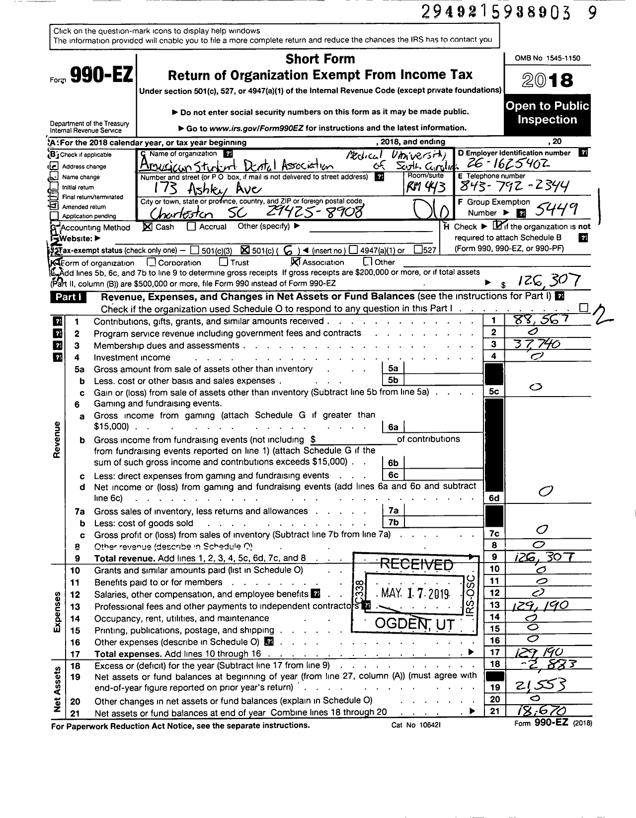 Image of first page of 2018 Form 990EO for American Student Dental Association / Med Univ of South Carolina Chapter